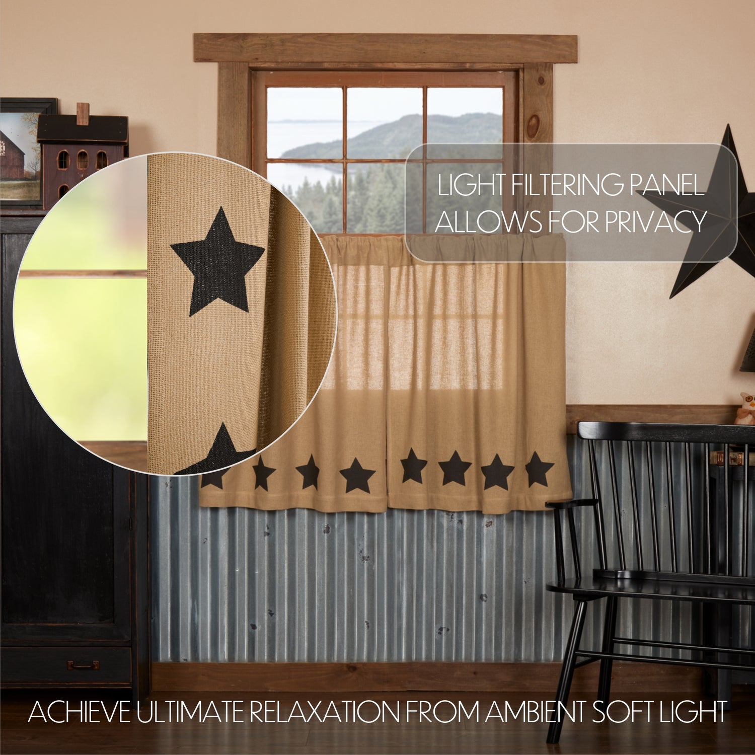 Burlap Natural with Star Curtain Set