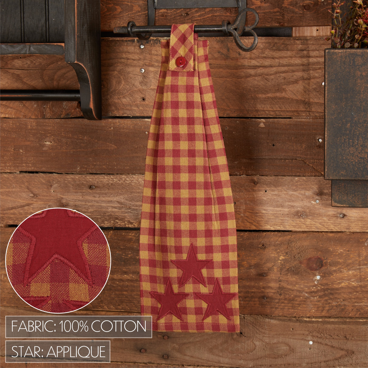 VHC Brands Burgundy Star 6PC Set 2 Oven Mitts 2 Pot Holders and 2 Tea Towels