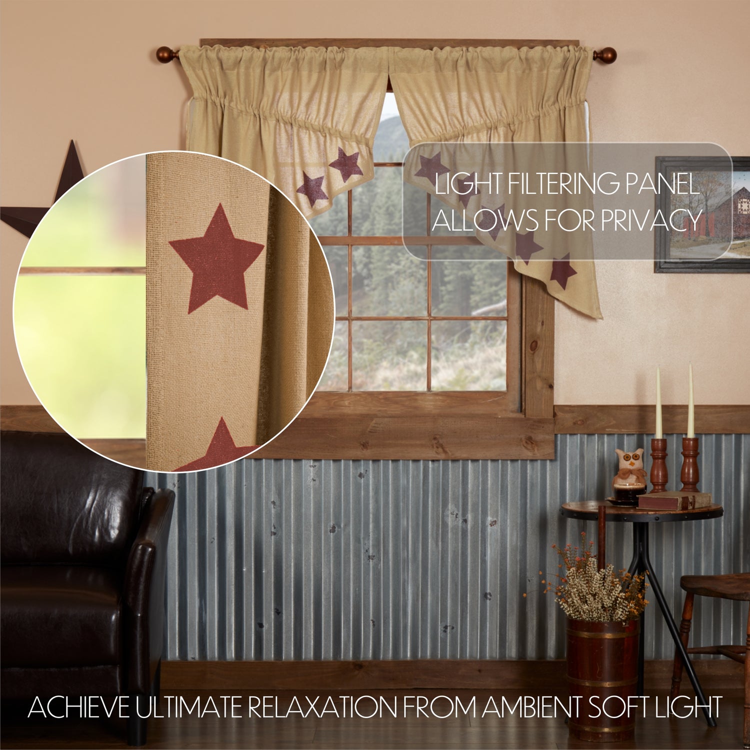 Burlap Natural with Star Curtain Set