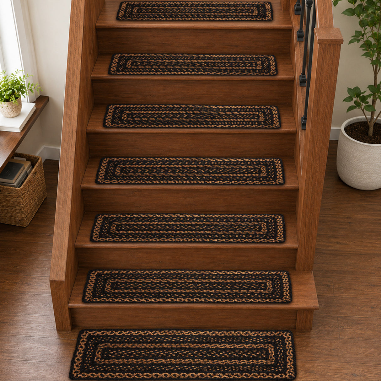 Black & Tan Jute Stair Tread Rect Latex 8.5x27, Set of 7