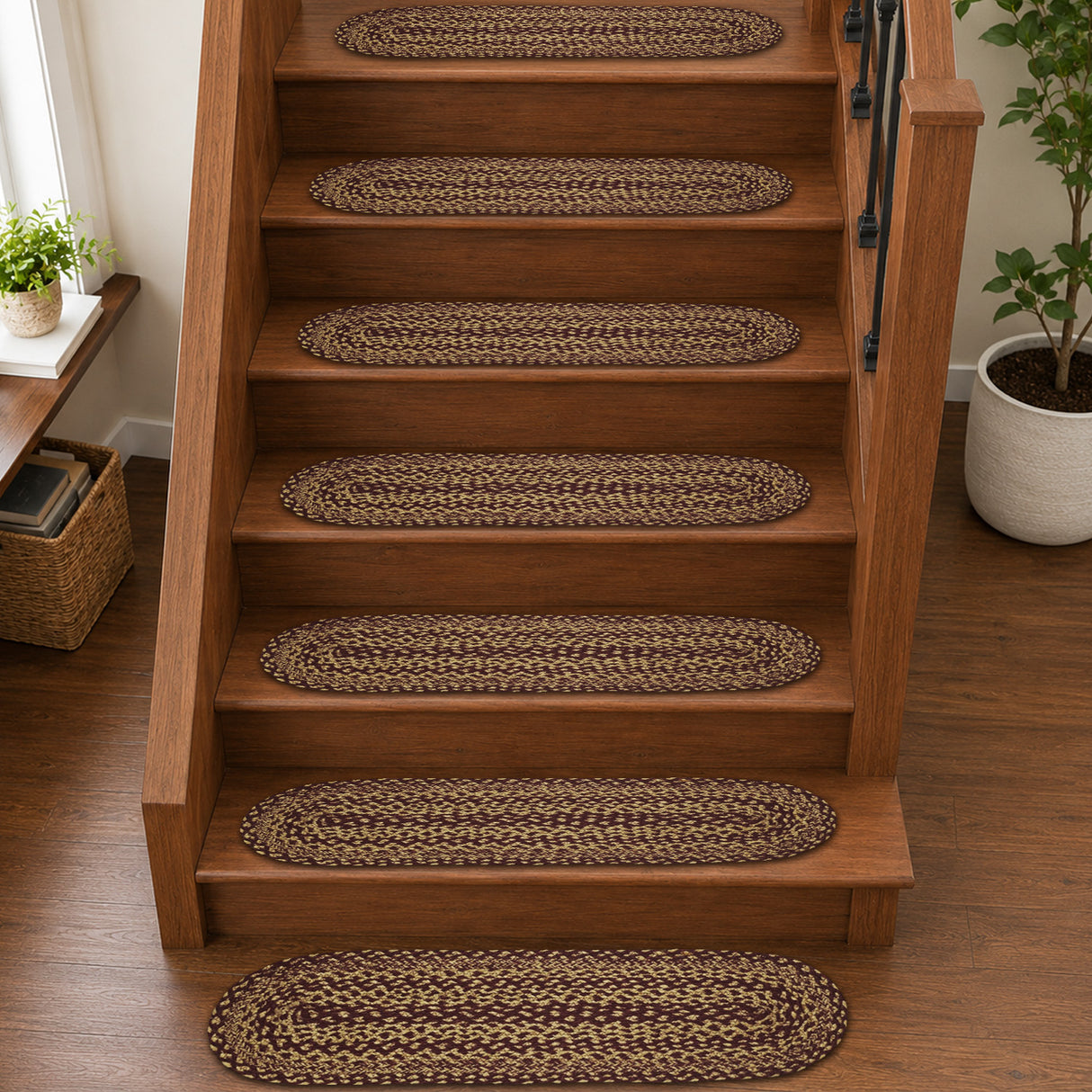 Burgundy Tan Jute Stair Tread Oval Latex 8.5x27, Set of 7