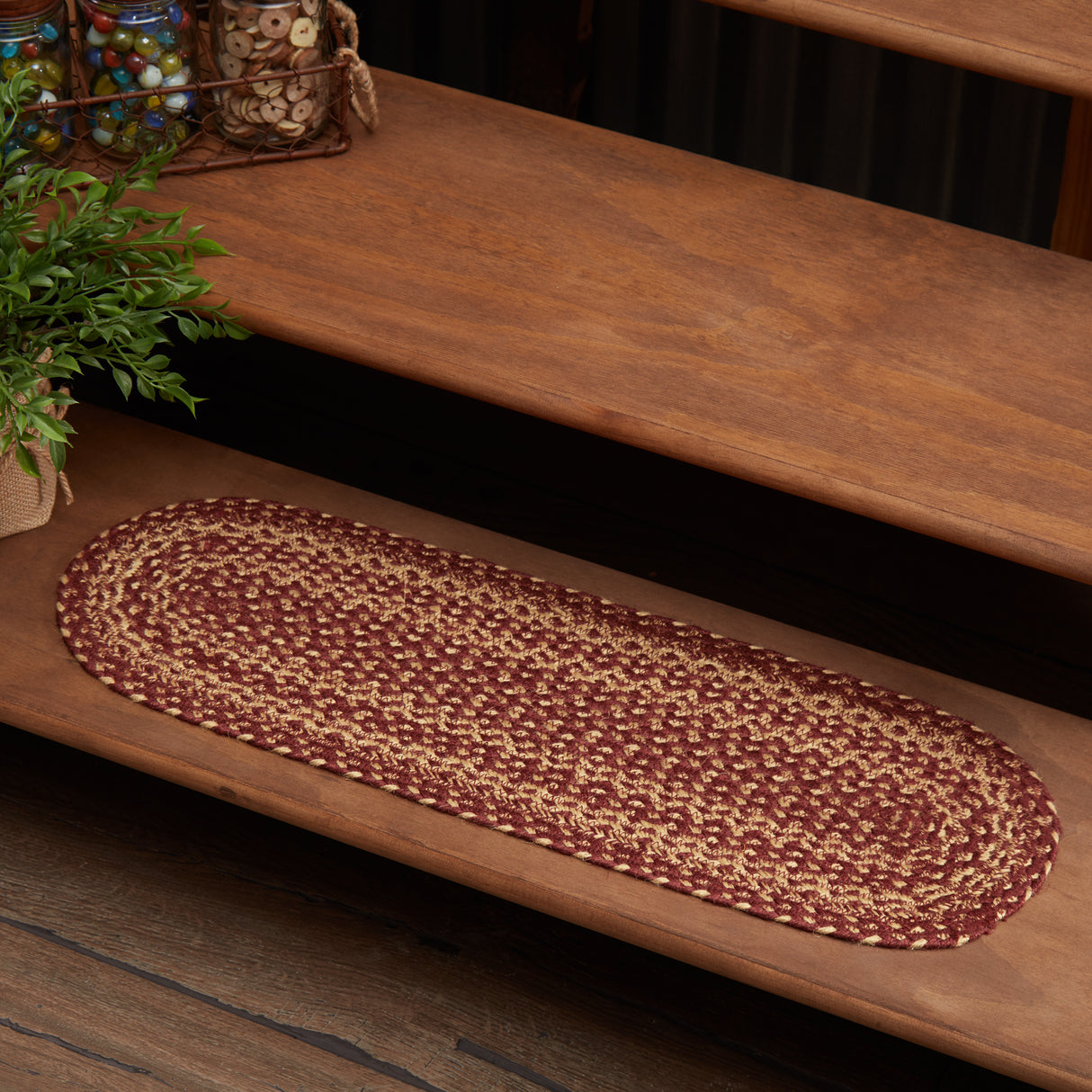 Burgundy Tan Jute Stair Tread Oval Latex 8.5x27, Set of 7