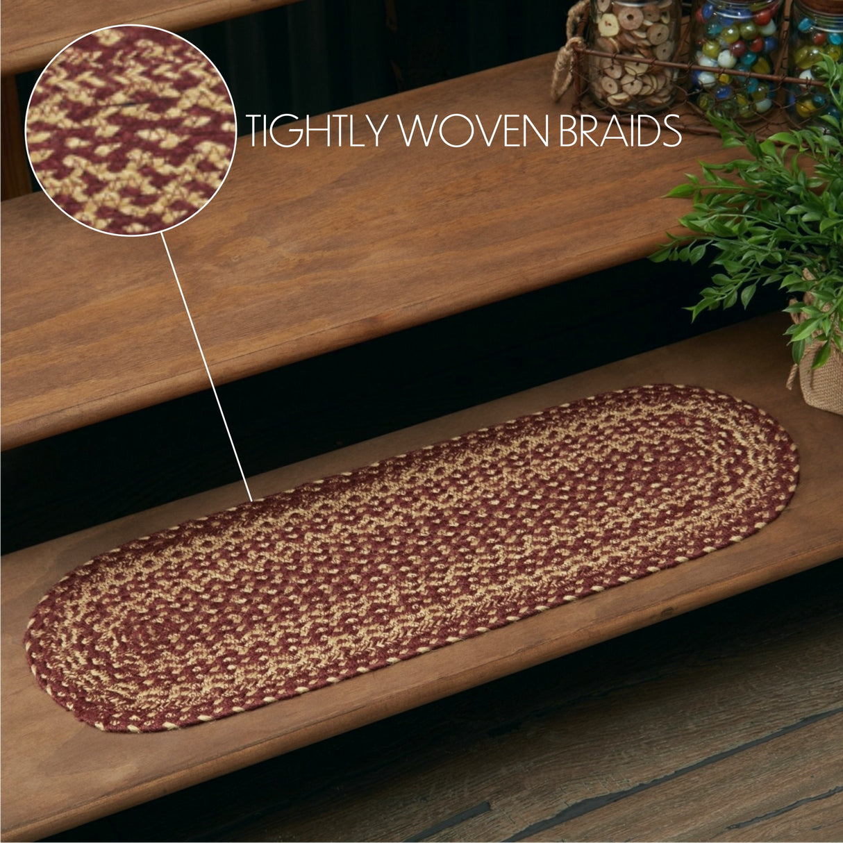Burgundy Tan Jute Stair Tread Oval Latex 8.5x27, Set of 7
