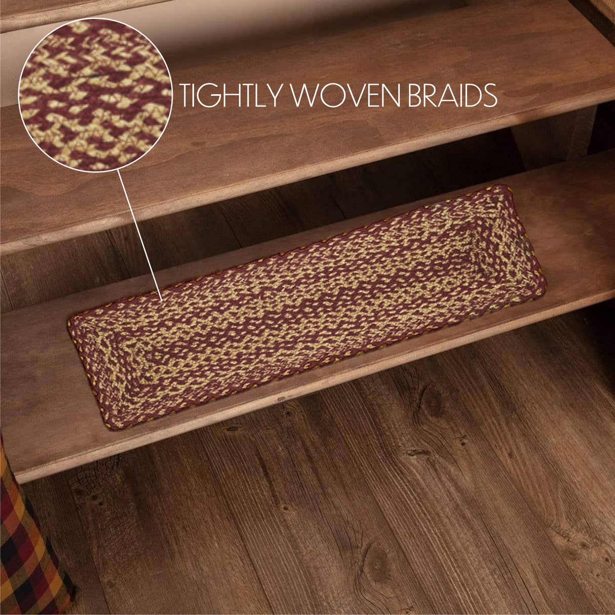 Burgundy Tan Jute Stair Tread Rect Latex 8.5x27, Set of 7