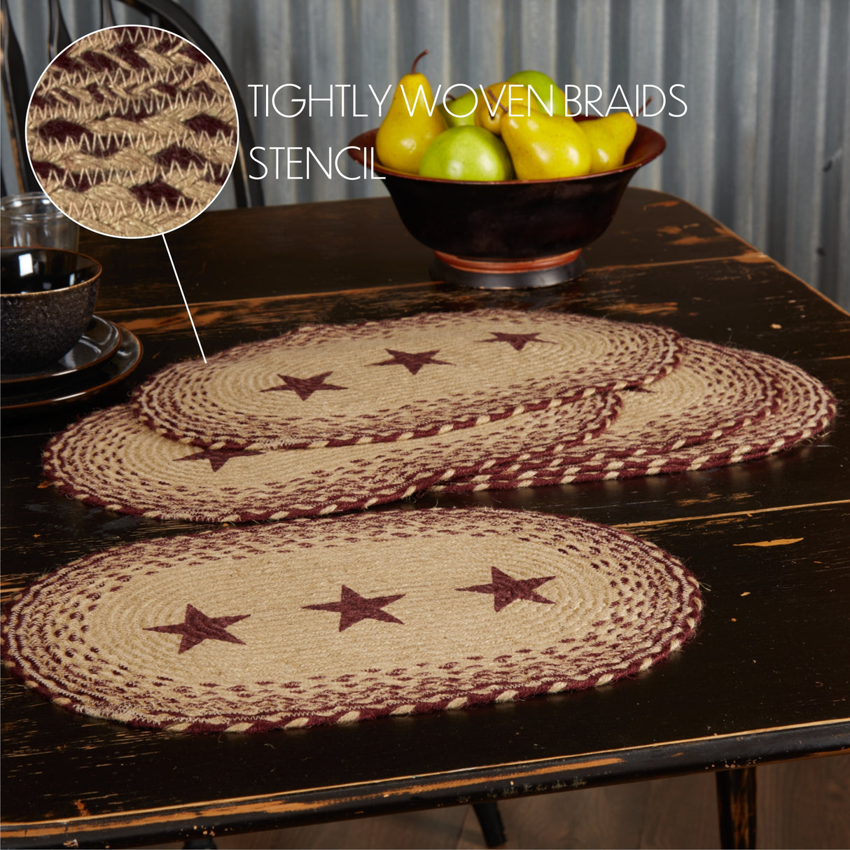 Tan Jute Star Textured Primitive Tabletop Kitchen Stenciled Oval Placemat Set of 6, 12" x 18", Burgundy Red, 12 Pack