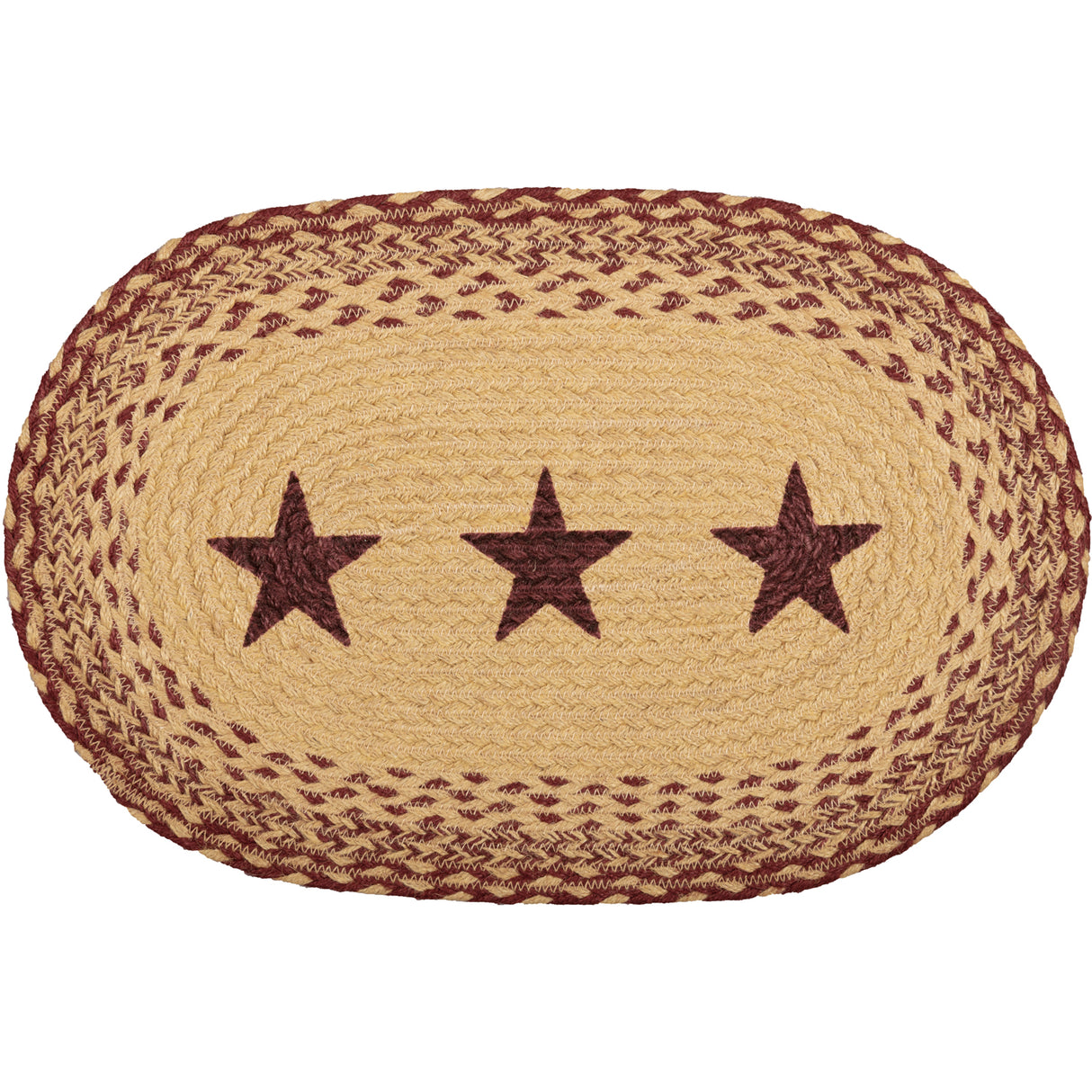 Tan Jute Star Textured Primitive Tabletop Kitchen Stenciled Oval Placemat Set of 6, 12" x 18", Burgundy Red, 12 Pack