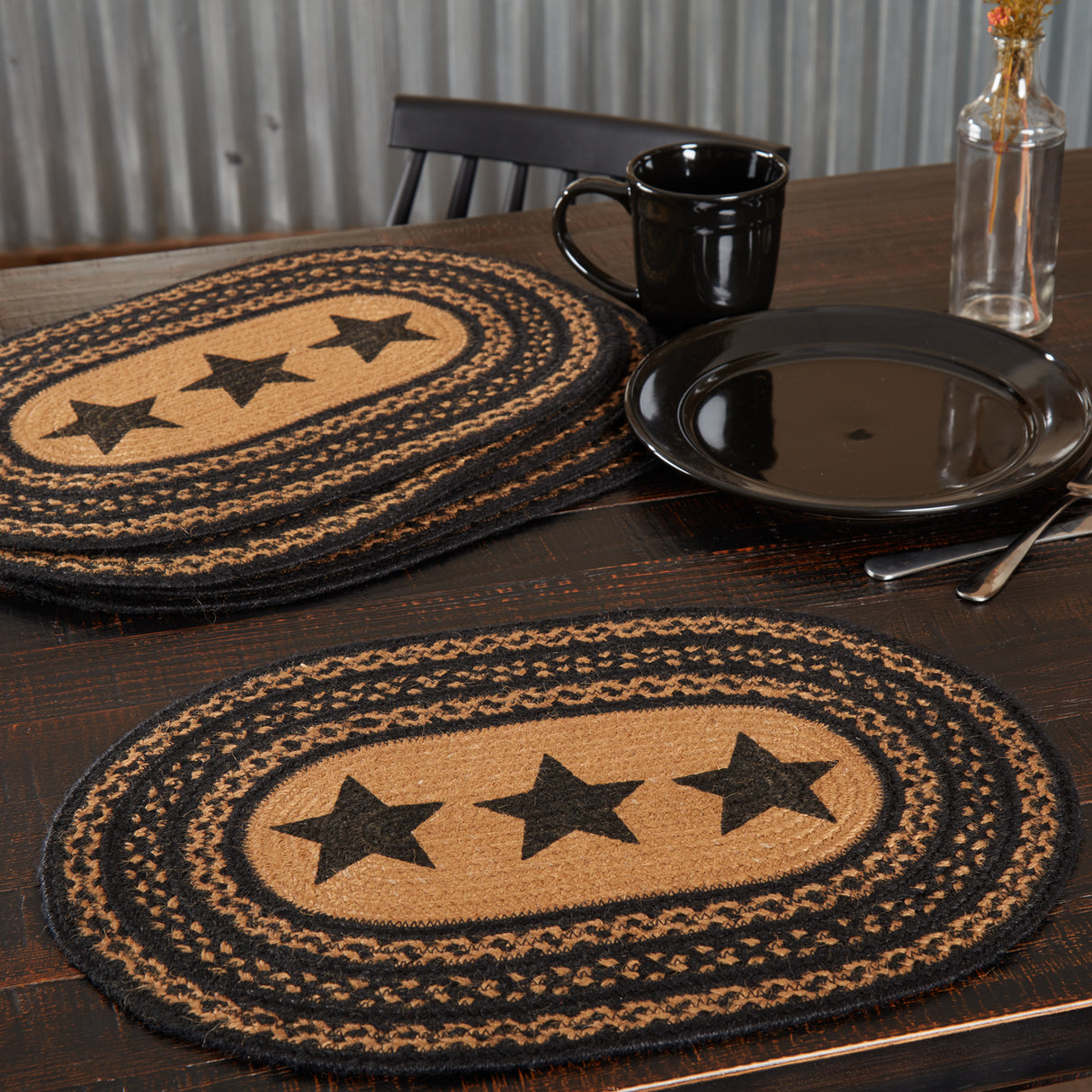 Farmhouse Primitive Jute Black Textured Kitchen Placemat Stencil Stars Set of 6 12"x18", 12 Pack