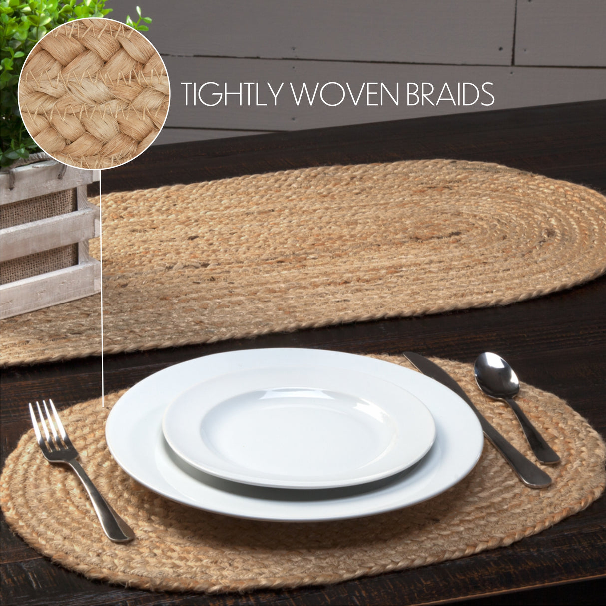 Jute Solid Color Textured Farmhouse Tabletop Kitchen Oval Placemat Set of 6, 12" x 18", Natural Tan 6 Count, 12 Pack