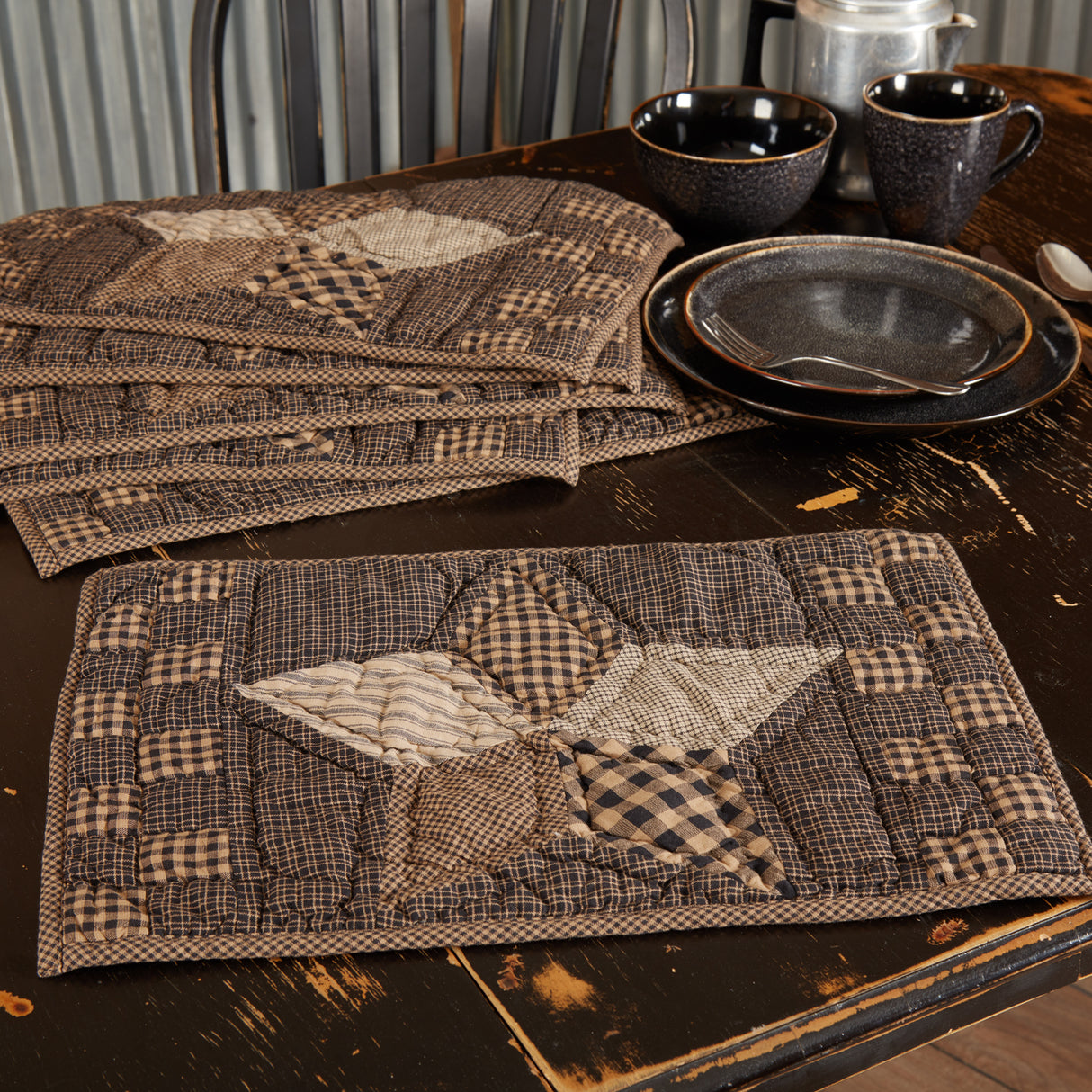 Farmhouse Star Cotton Primitive Tabletop Kitchen Hand Quilted Patchwork Placemat Set of 6, 12" x 18", Ebony Black, 12 Pack