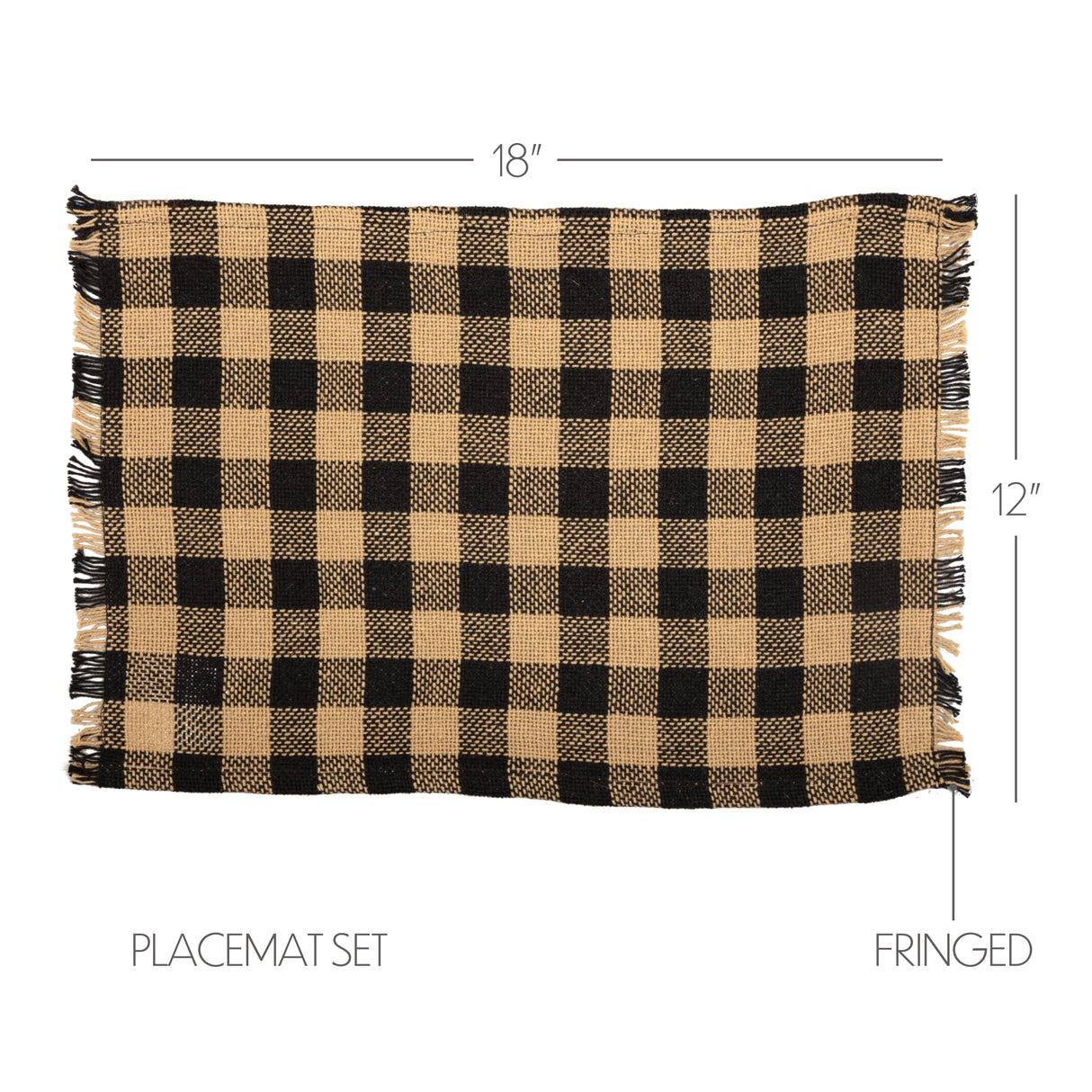 VHC Brands, Burlap Black Check, Cotton, 12x18, Fringed, Placemat, Set of 6, Black, 12 Pack