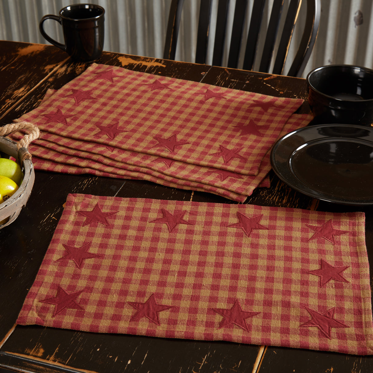 Star Cotton Primitive Tabletop Kitchen Appliqued Placemat Set of 6, Burgundy Red, 12 Pack