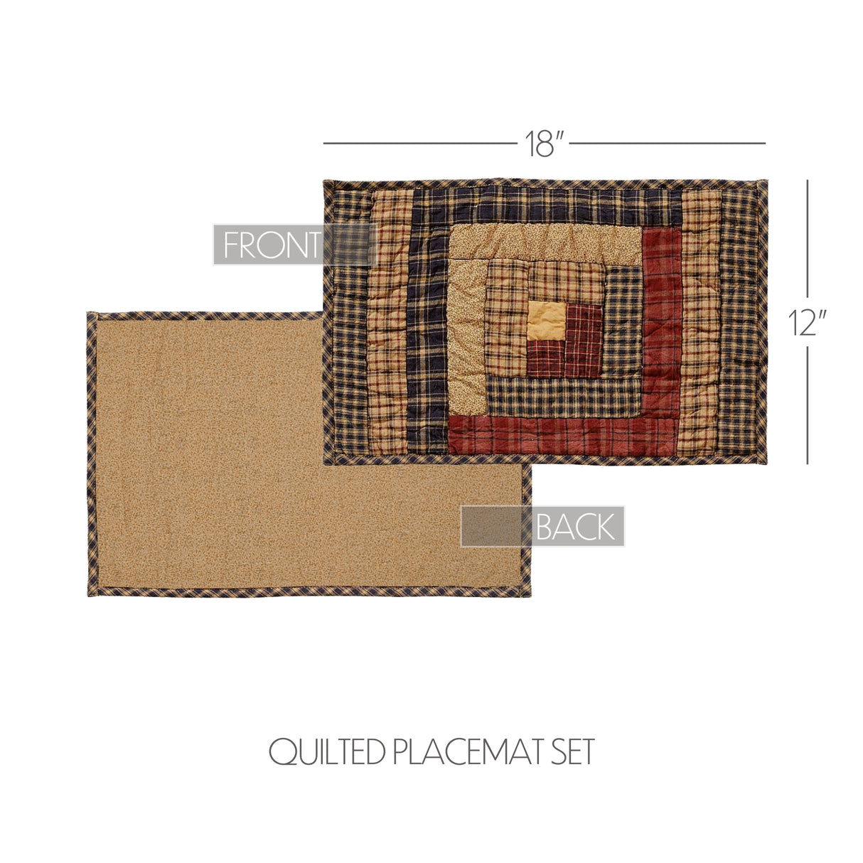 VHC Brands, Millsboro, Cotton, 12x18, Log Cabin, Block Quilted, Placemat Set of 6, Blue, 12 Pack