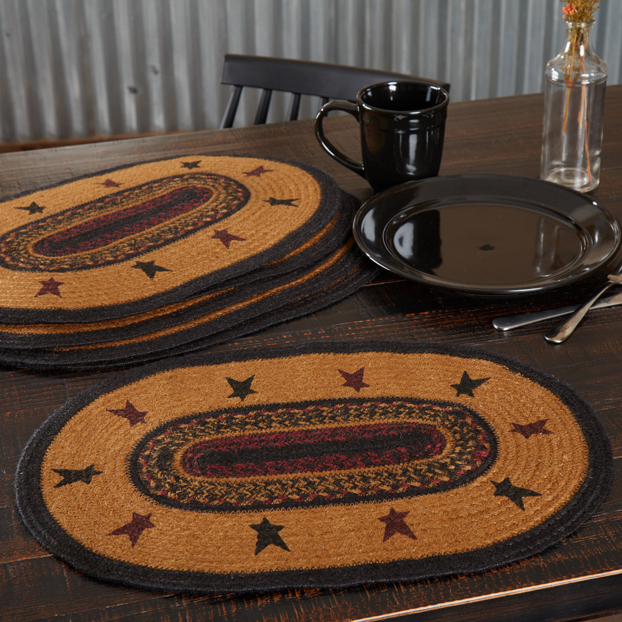 Heritage Farms Primitive Star Yellow Stenciled Oval Jute Placemat Set of 6 12"x18", 12 Pack