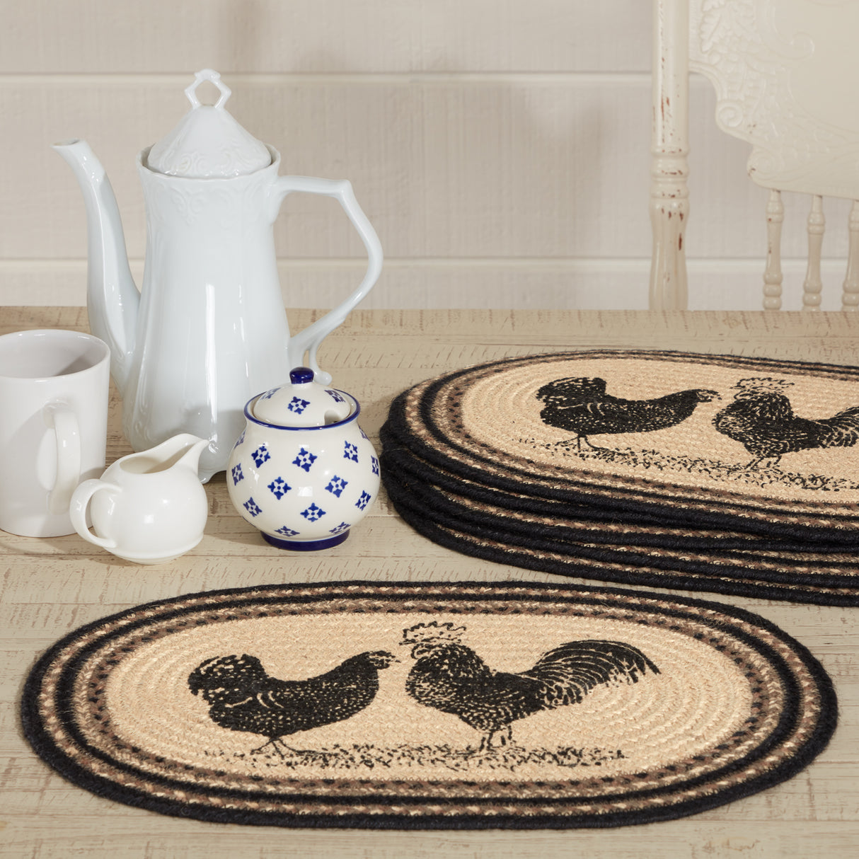 Placemats Sawyer Mill Charcoal Jute Farmhouse 12x18 Set of 6 Poultry, 12 Pack