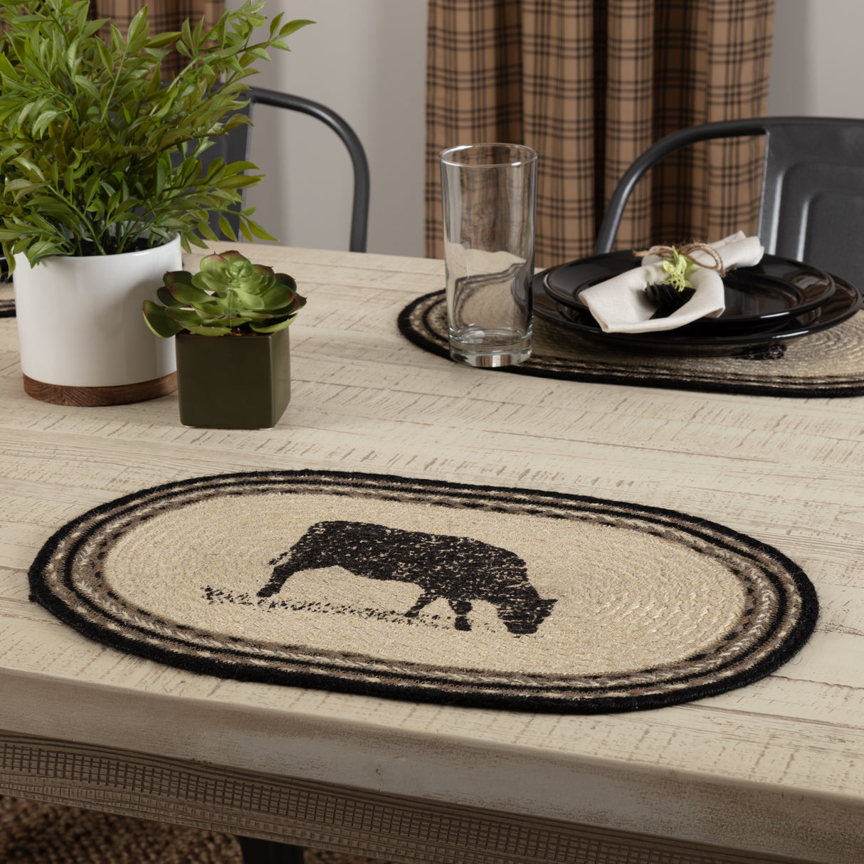 Placemats Sawyer Mill Charcoal Jute Farmhouse 12x18 Set of 6 Cow, 12 Pack