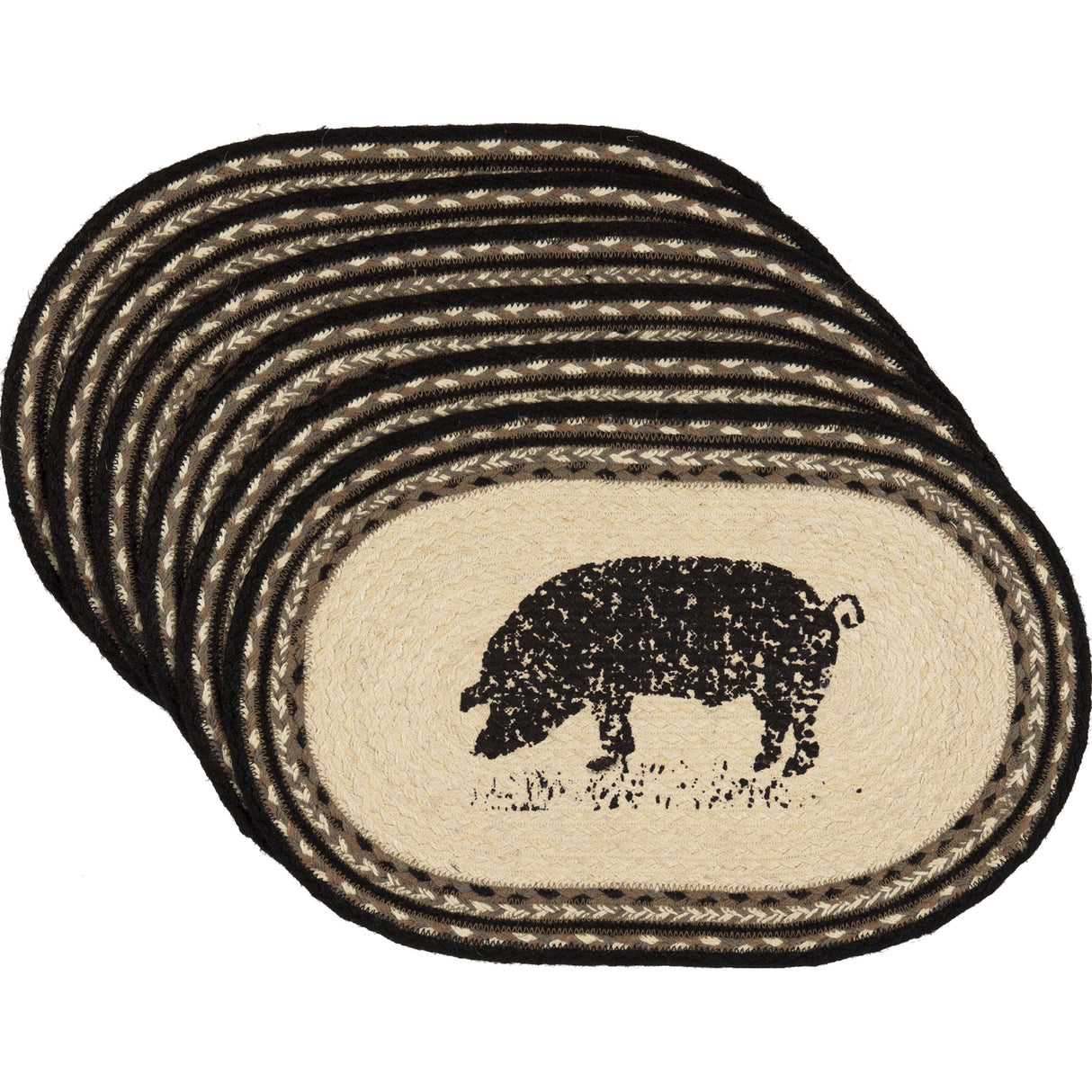 Placemats Sawyer Mill Charcoal Jute Farmhouse 12x18 Set of 6 Oval Pig, 12 Pack