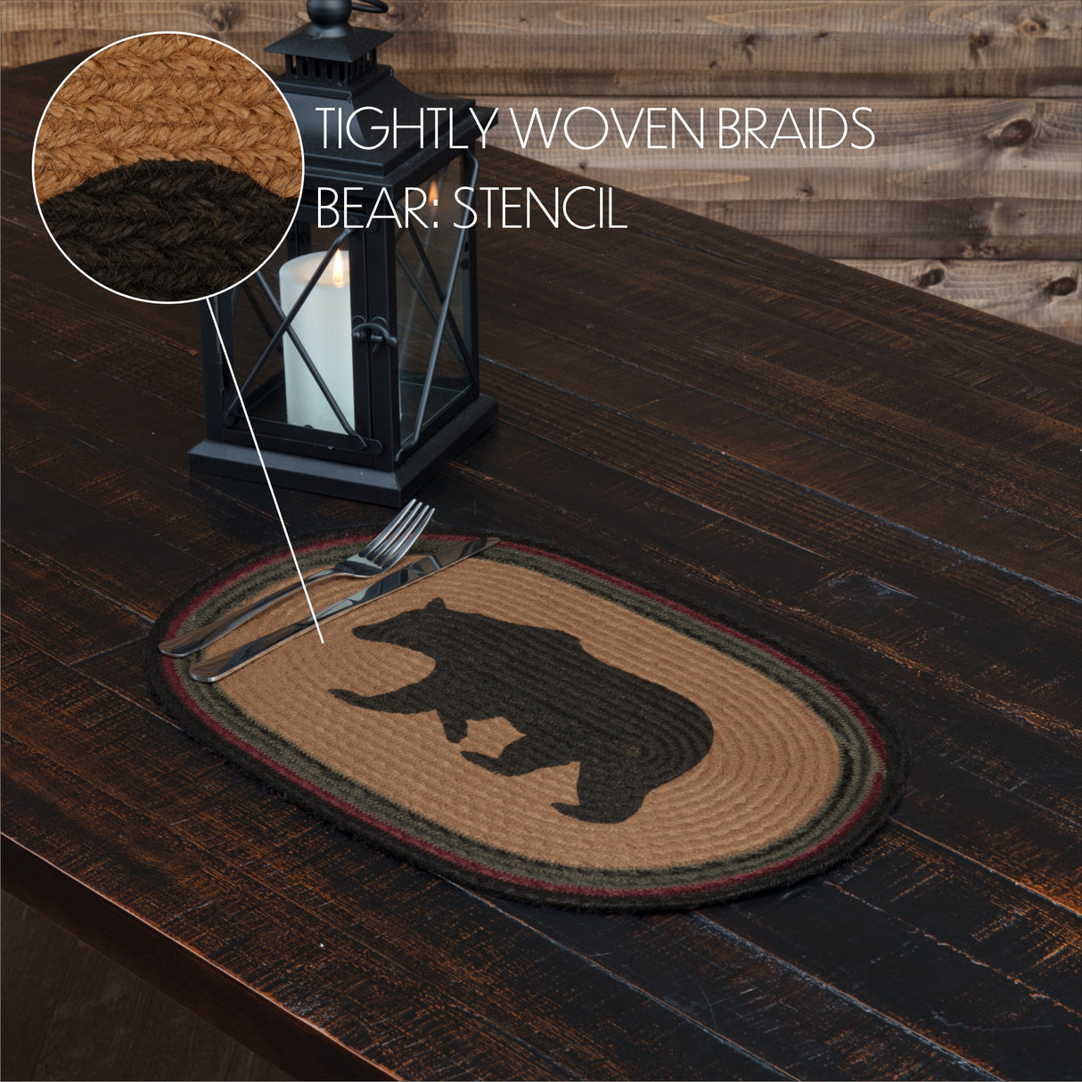 Wyatt Bear Nature Print Textured Jute Rustic Tabletop Kitchen Stenciled Oval Bedding Accessory, Placemat Set 12x18, Dark Tan, 12 Pack