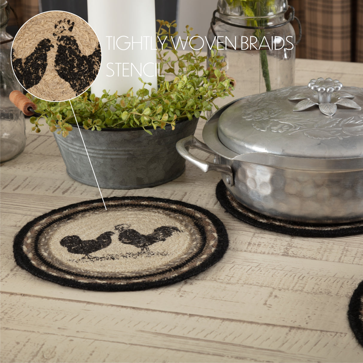 Sawyer Mill Charcoal Poultry Jute Trivet 8, Set of 3