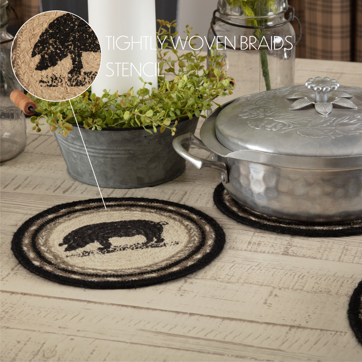 Sawyer Mill Charcoal Pig Jute Trivet 8, Set of 3