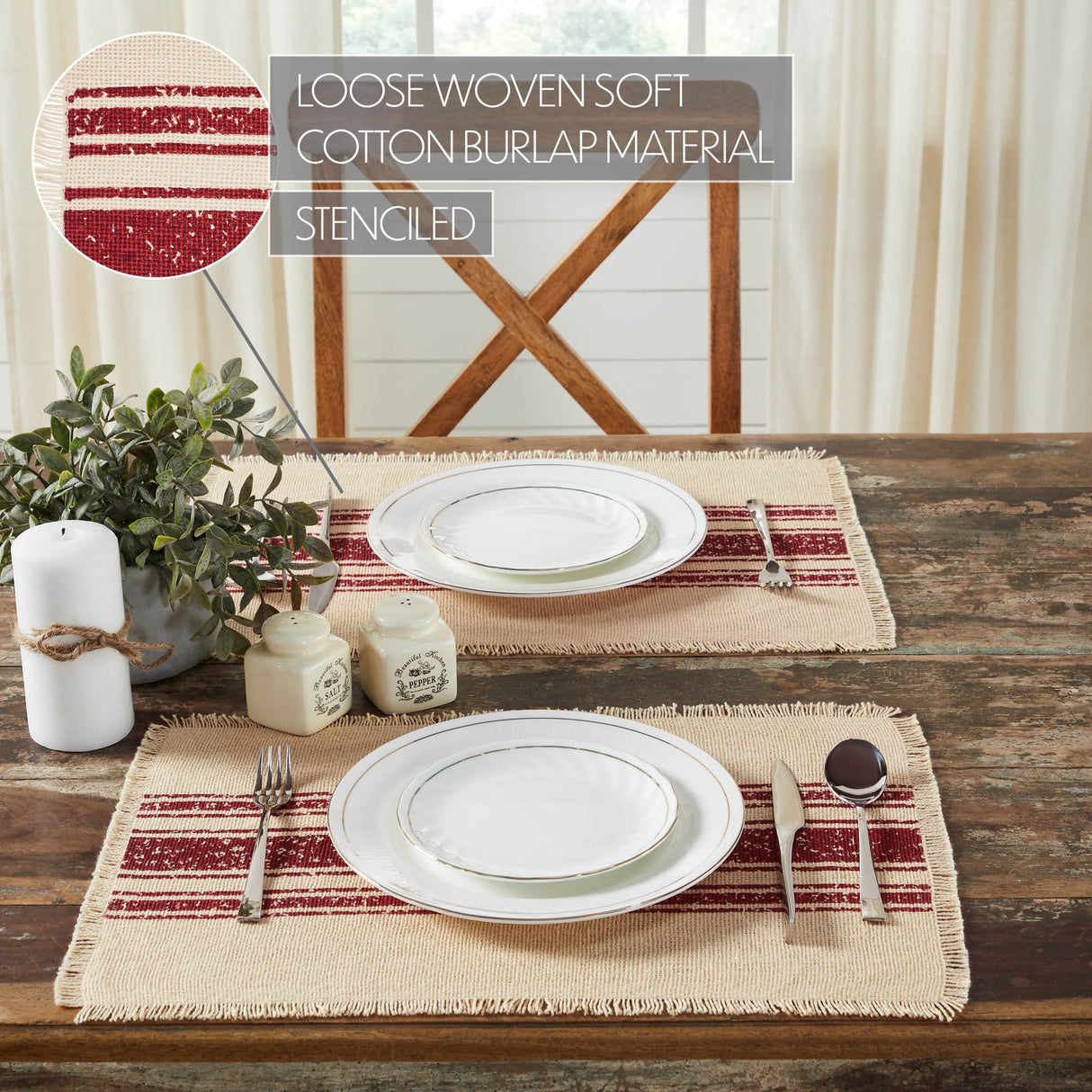 Yuletide Burlap Red Stripe Placemat Set of 6 13x19, 12 Pack