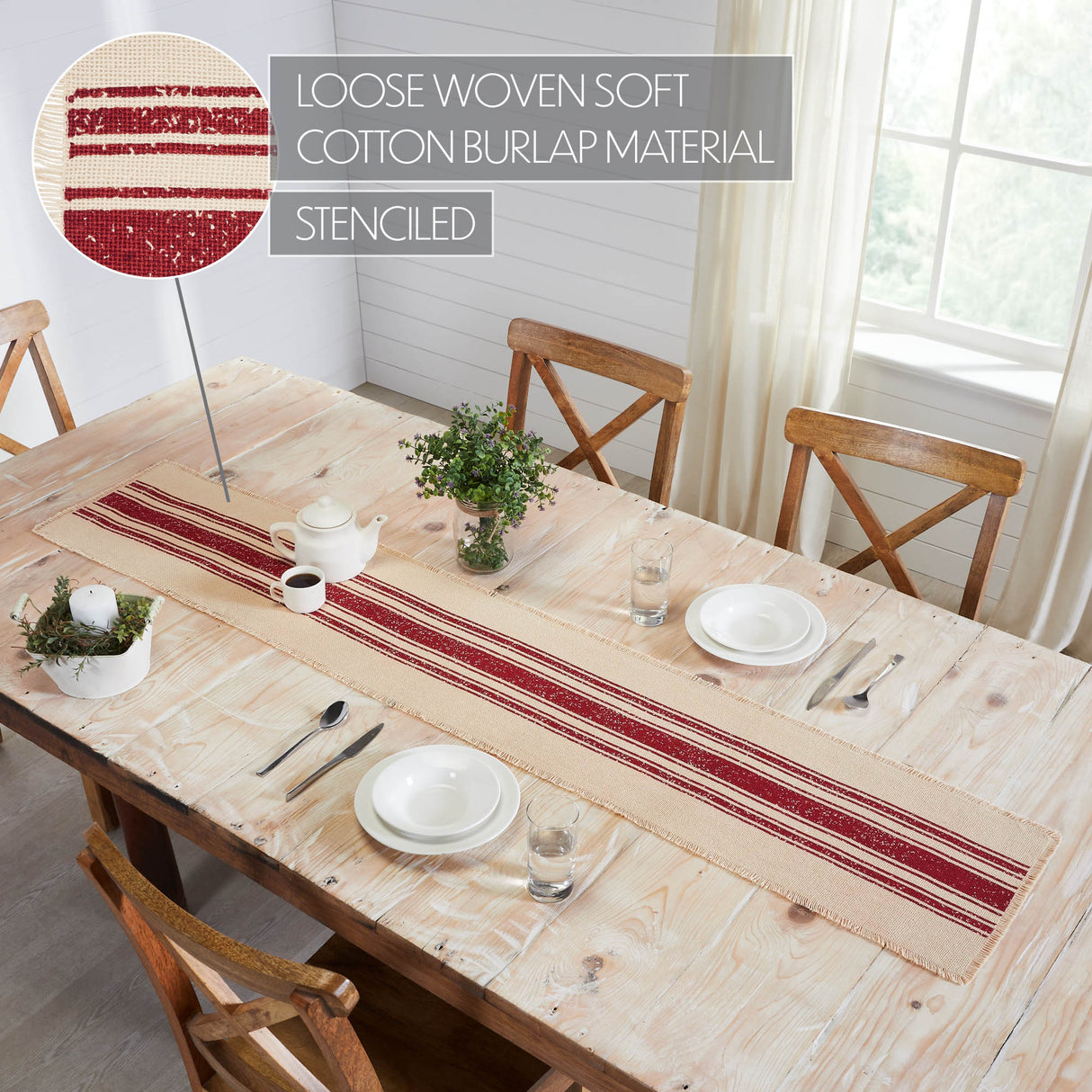 Yuletide Burlap Deep Red 12x72 Table Runner & 6 pc 13x19 Placemat Set