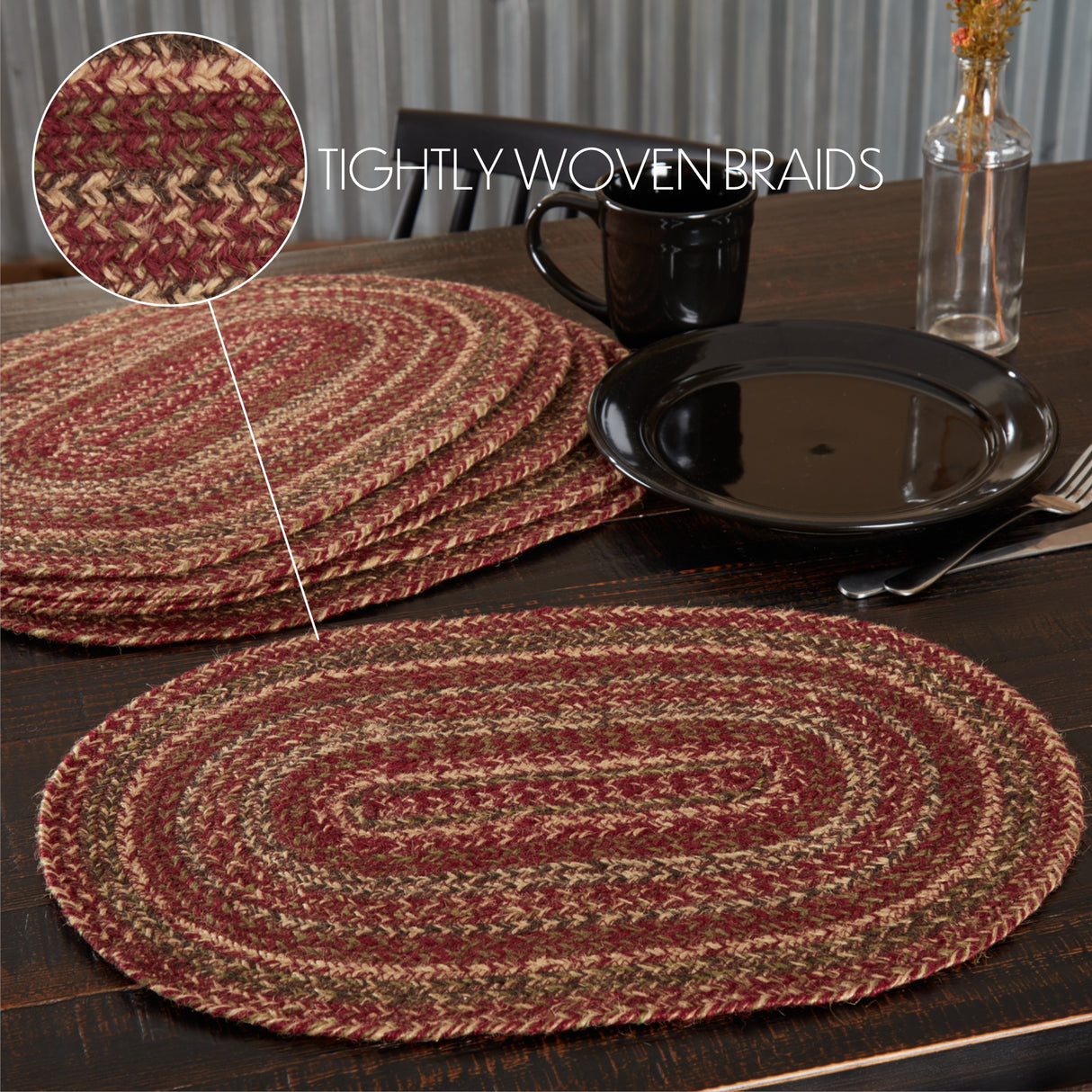 Cider Mill Primitive Jute Red Textured Striped Oval Kitchen Placemat Set of 6 12"x18", 12 Pack