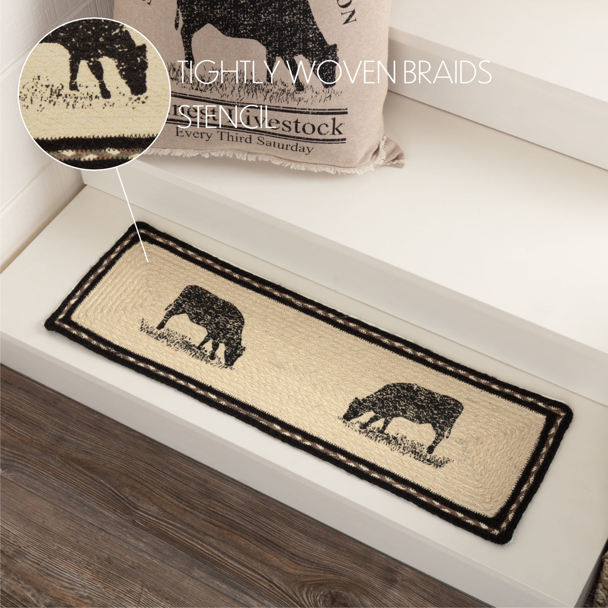 Sawyer Mill Charcoal Cow Jute Stair Tread Rect Latex 8.5x27, Set of 7