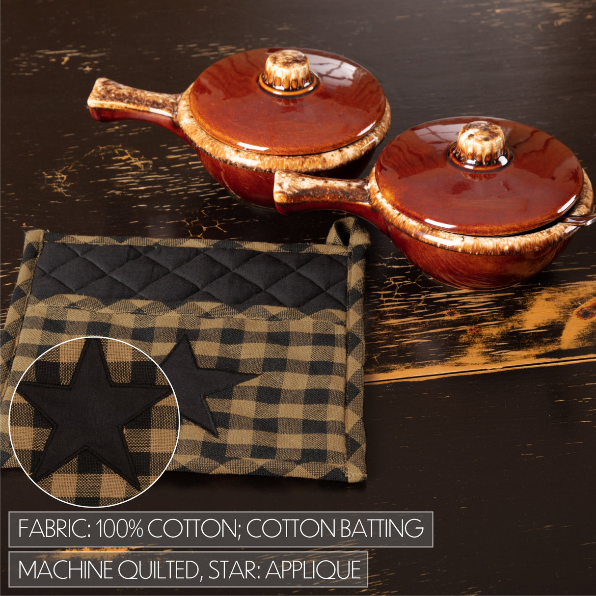 VHC Brands Black Star 6PC Set 2 Oven Mitts 2 Pot Holders and 2 Tea Towels