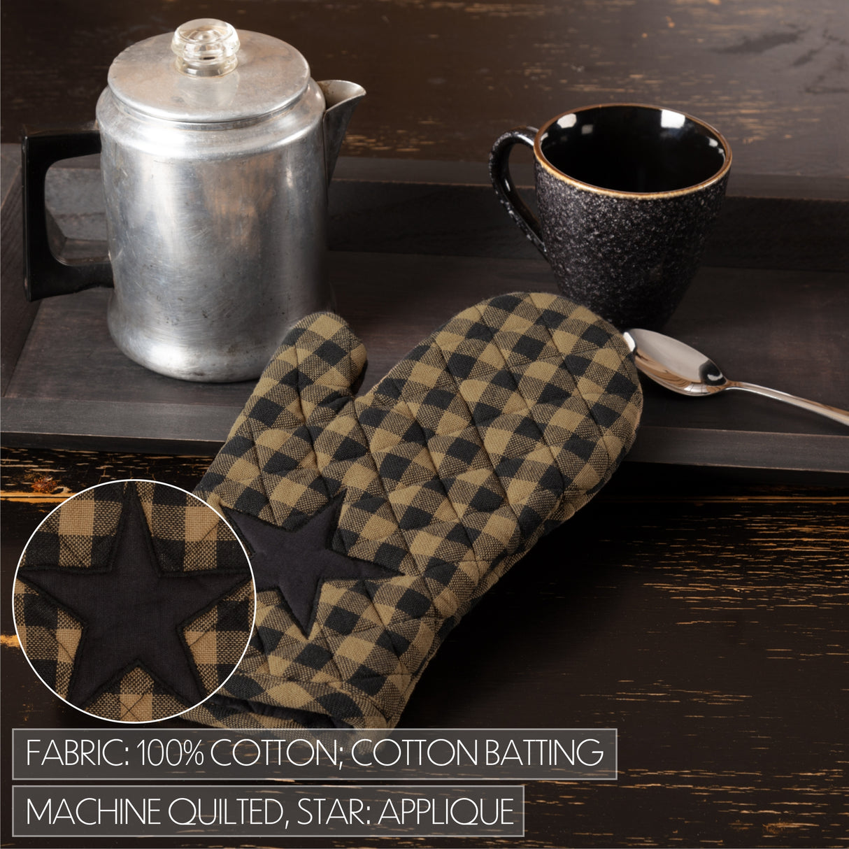 VHC Brands Black Star 4PC Set 2 Oven Mitts and 2 Pot Holders