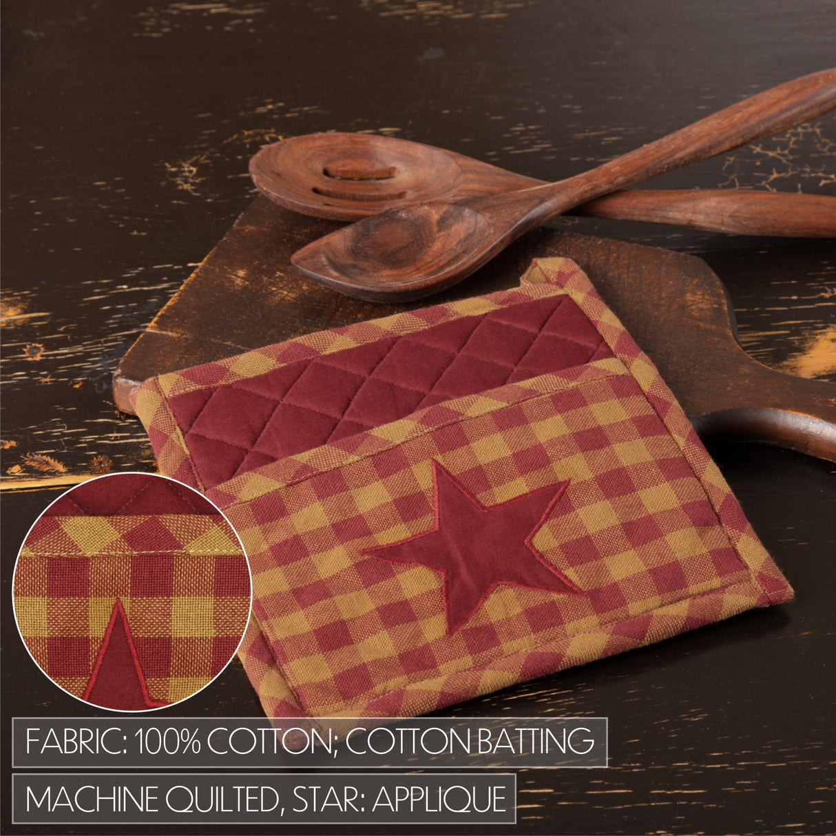 VHC Brands Burgundy Star 4PC Set 2 Oven Mitts and 2 Pot Holders