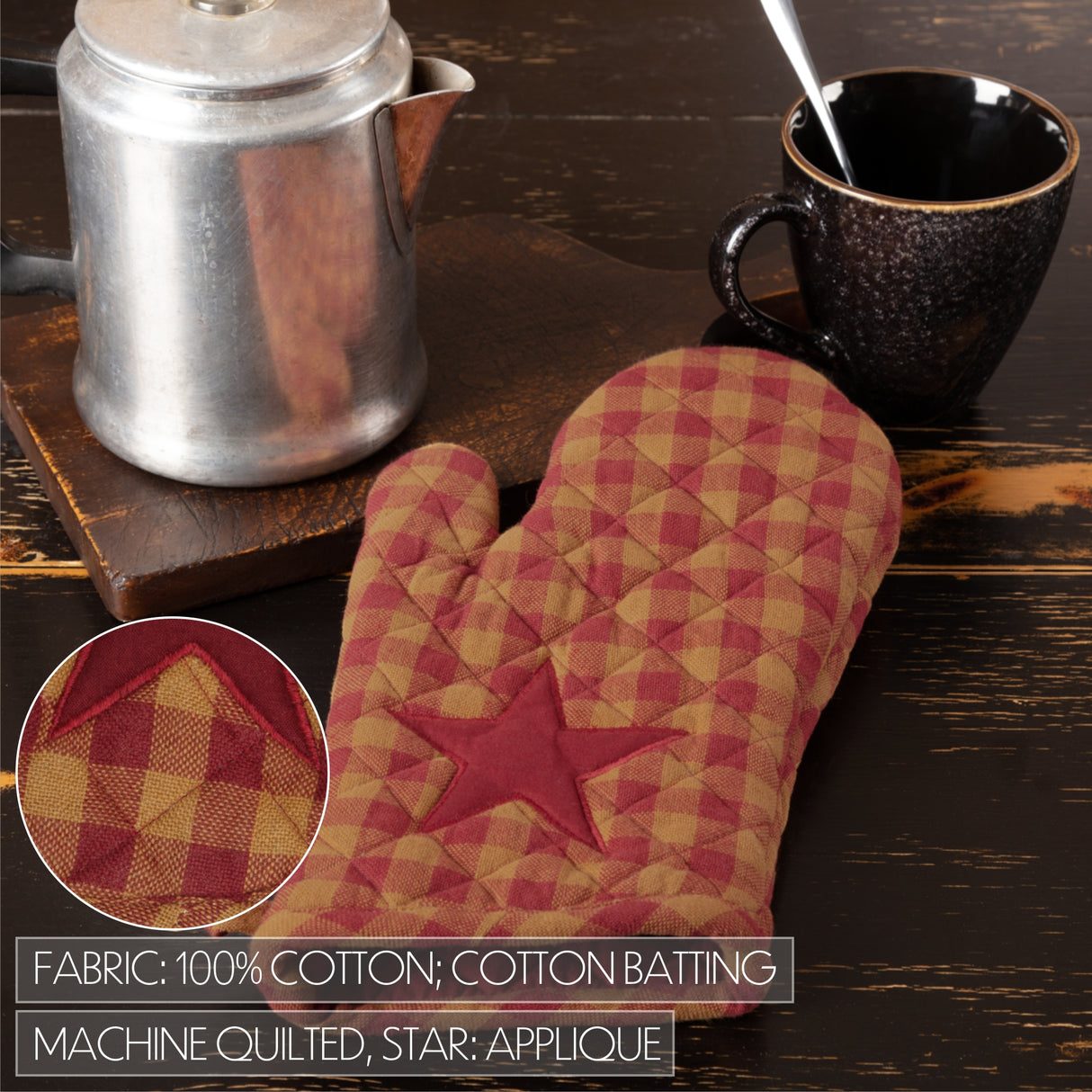 VHC Brands Burgundy Star 4PC Set 2 Oven Mitts and 2 Pot Holders