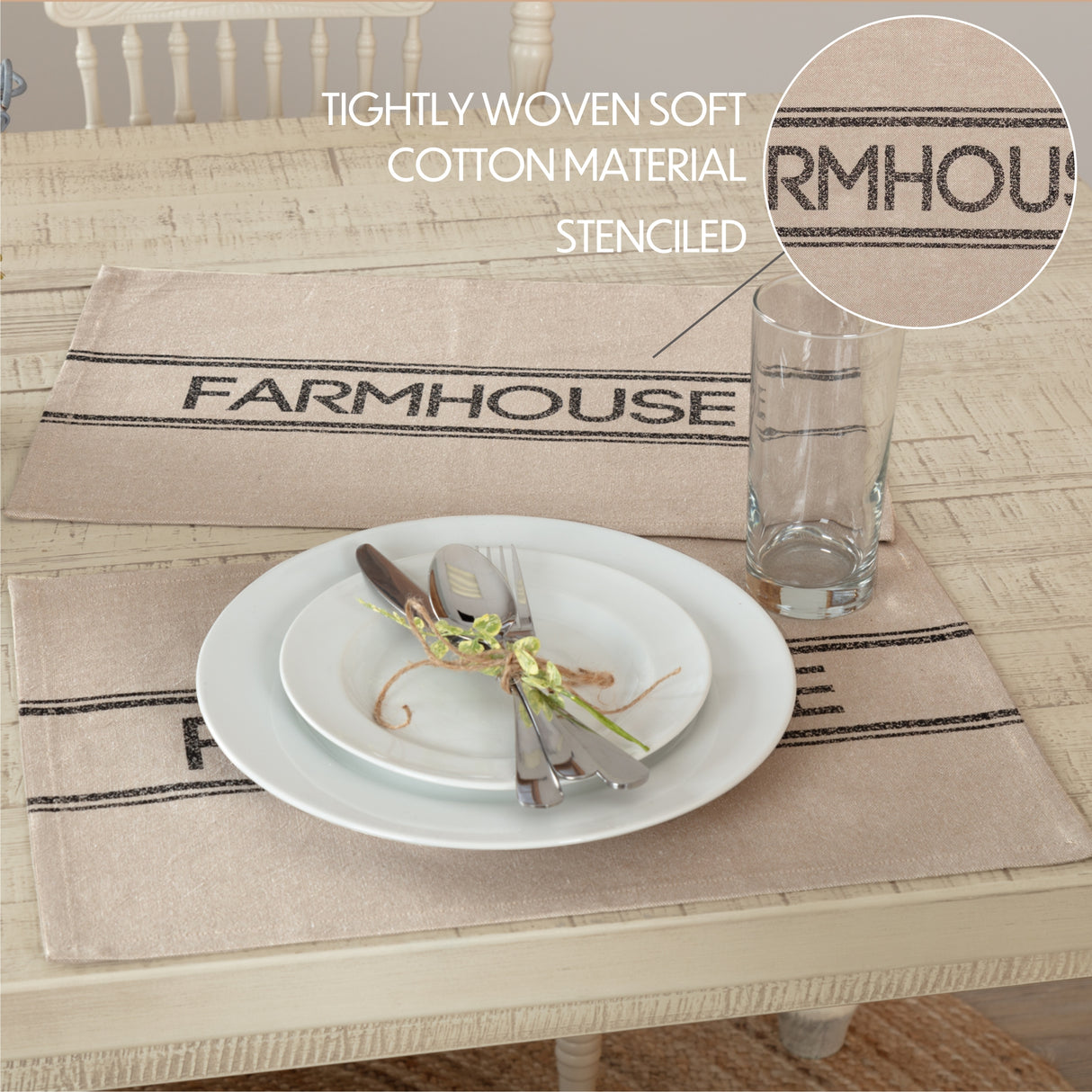 Sawyer Mill Rustic Farmhouse Style 12 x 18 Inch Rectangular Cotton Chambray Stenciled Table Decor Placemats, Farmhouse, Set of 6, 12 Pack
