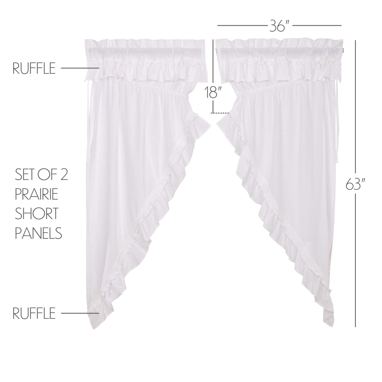 Muslin Ruffled Bleached White Prairie Short Panel Set of 2 63x36x18