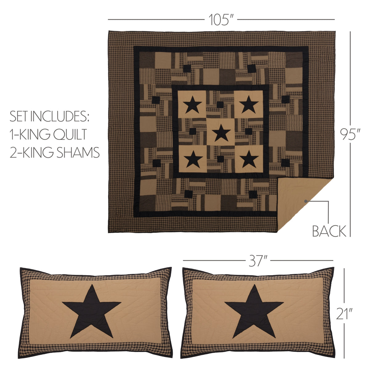 Black Check Star Quilt Set, Quilt w/ Sham