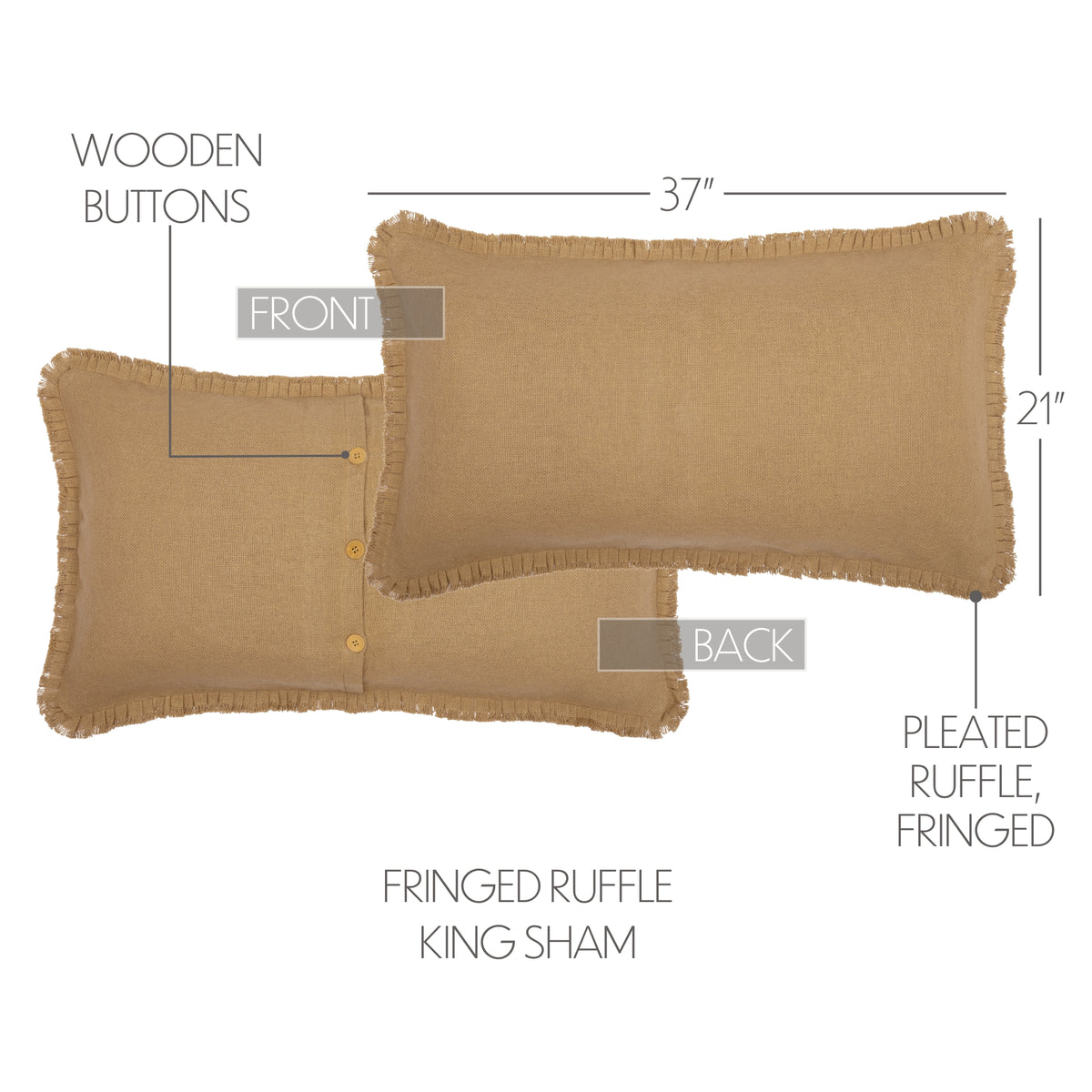 Burlap Natural King Sham w/ Fringed Ruffle 21x37, Set of 2