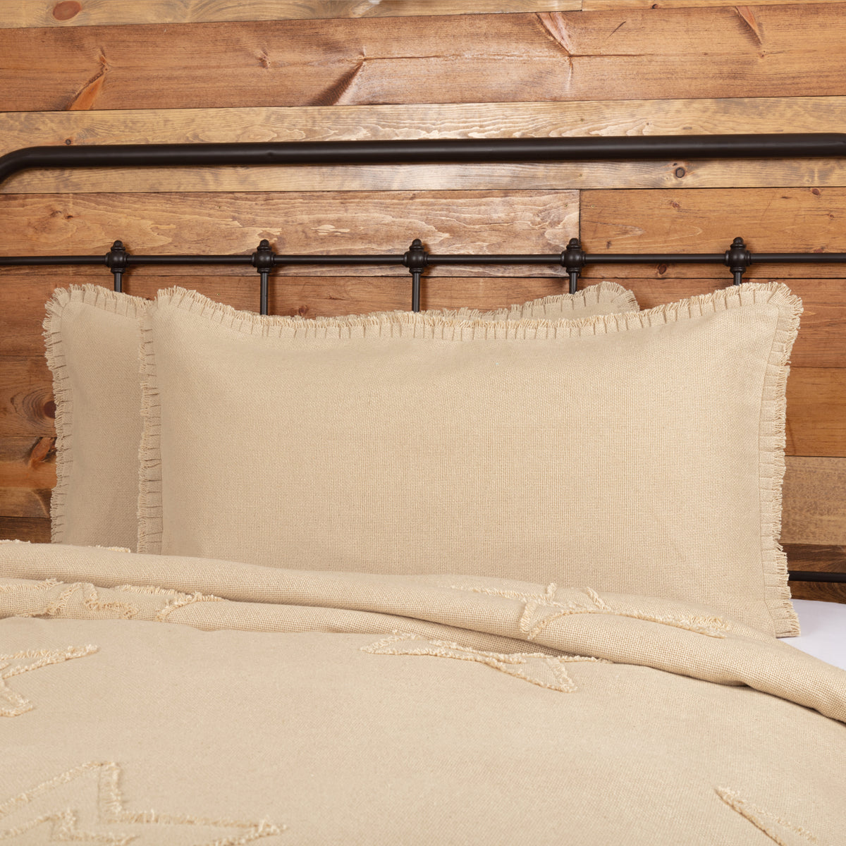 Burlap Vintage King Sham w/ Fringed Ruffle 21x37, Set of 2