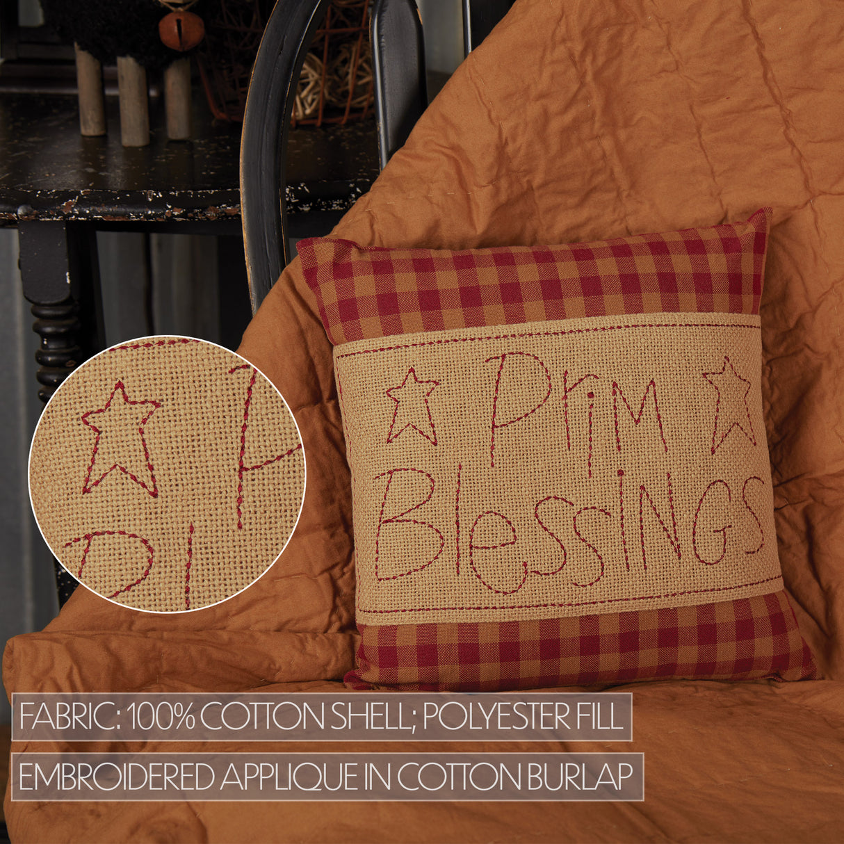 Burgundy Check Prim Blessings Pillow 12x12