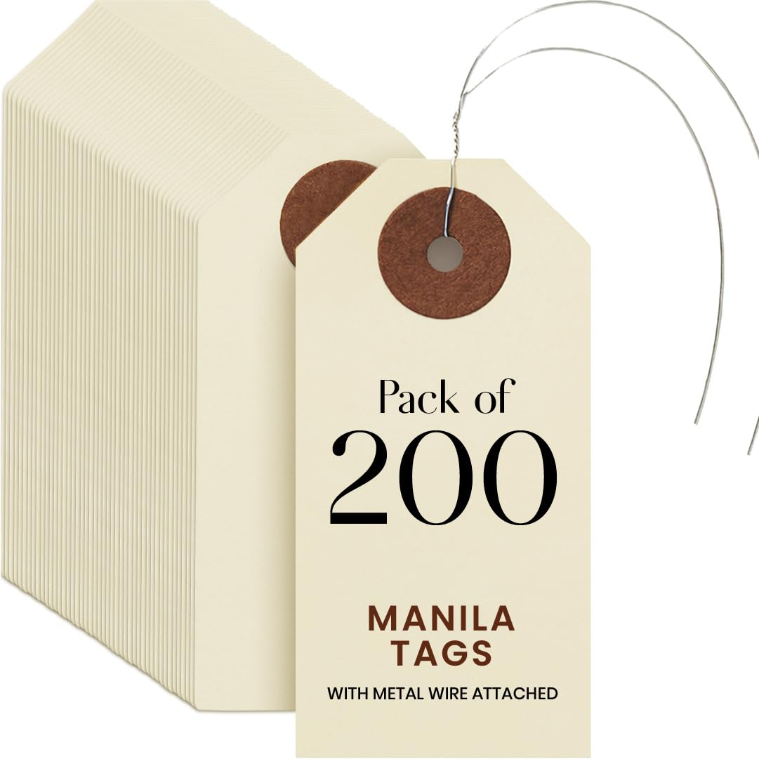 9pt Creme Manila Tag w/ Wire Hanger Set of 200 Size #1