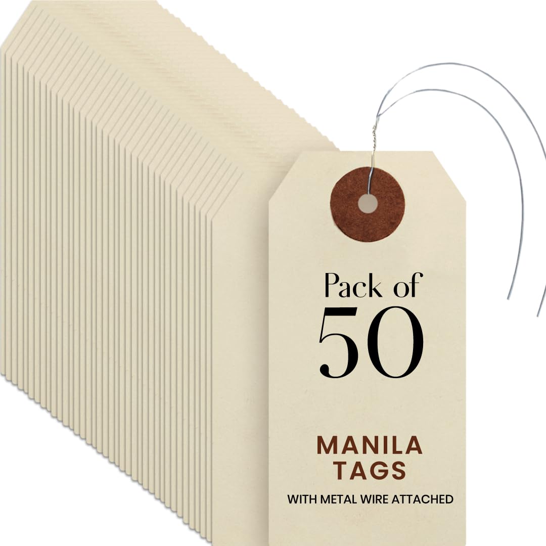 9pt Creme Manila Tag w/ Wire Hanger Set of 50 Size #2