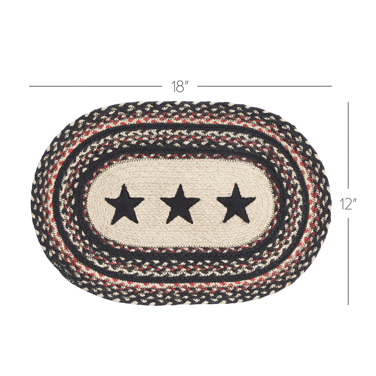 Primitive Colonial Star Table Placemat, Tan Black Red, Jute Blend, Oval, 12x18 Inches, 12 Pack 12 Pack