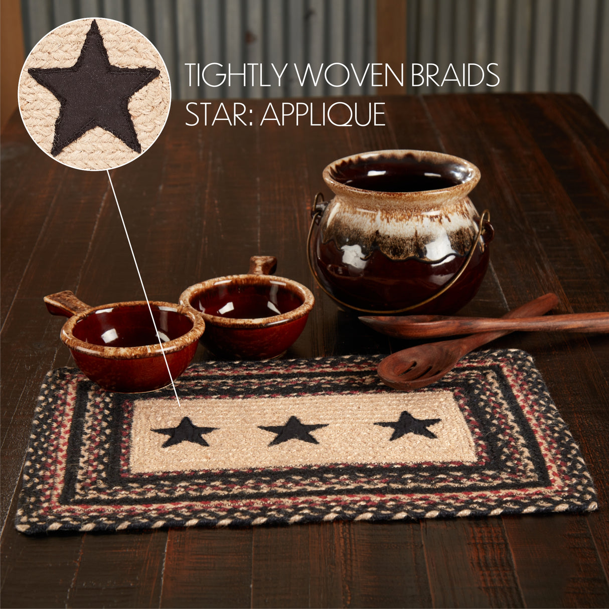 Primitive Colonial Star Table Placemat, Tan Black Red, Jute Blend, Rectangle, 12x18 Inches, 8 Pack 8 Pack