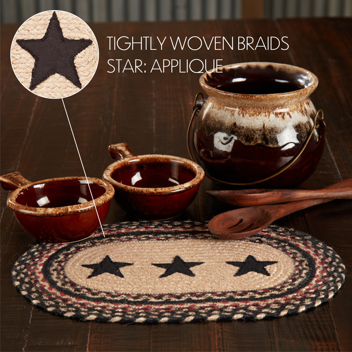 Colonial Star Country Black 13x72 Table Runner & 6 pc 10x15 Oval Placemat Set