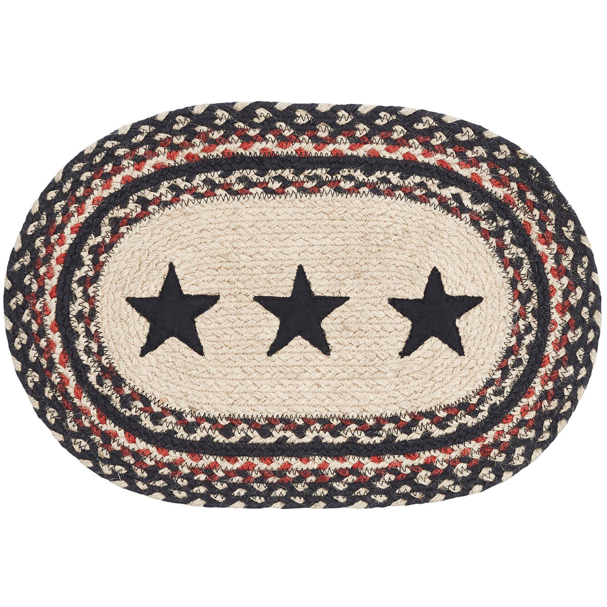 Primitive Colonial Star Table Placemat, Tan Black Red, Jute Blend, Oval, 10x15 Inches, 8 Pack 8 Pack