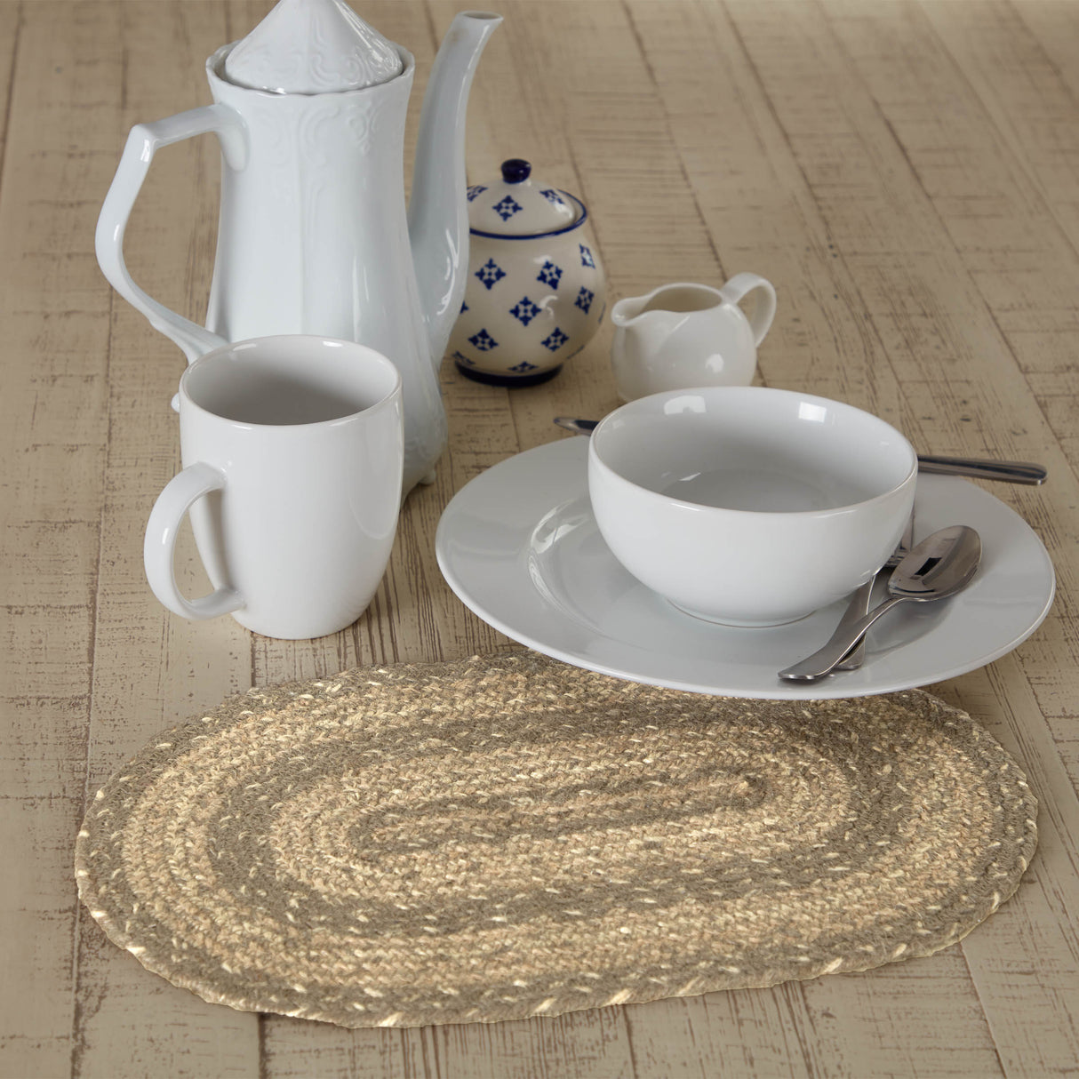 Farmhouse Cobblestone Table Placemat, Tan Grey White, Jute Blend, Oval, 10x15 Inches, 12 Pack 12 Pack