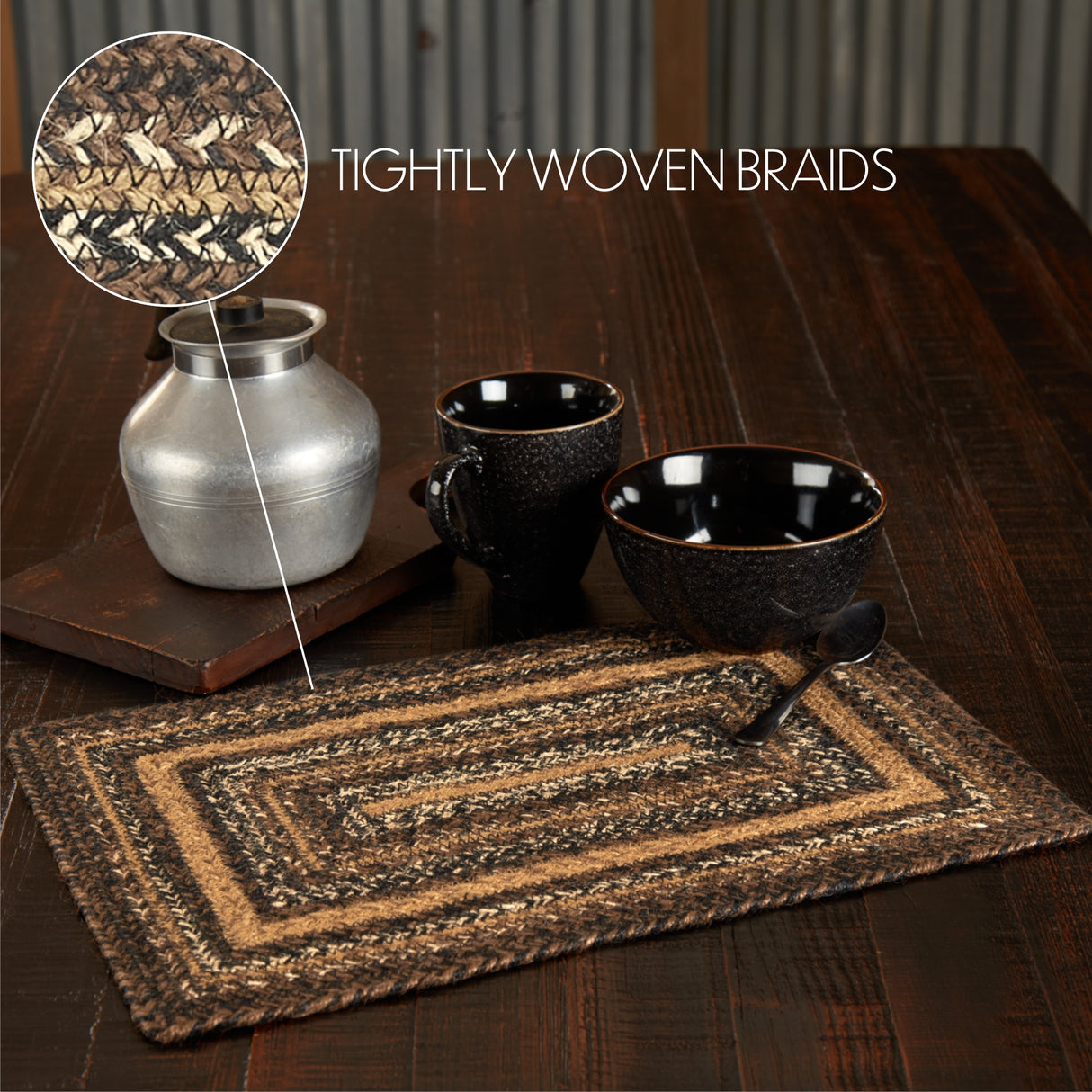 Country Espresso Table Placemat, Brown Black Tan, Jute Blend, Rectangle, 12x18 Inches, 12 Pack 12 Pack