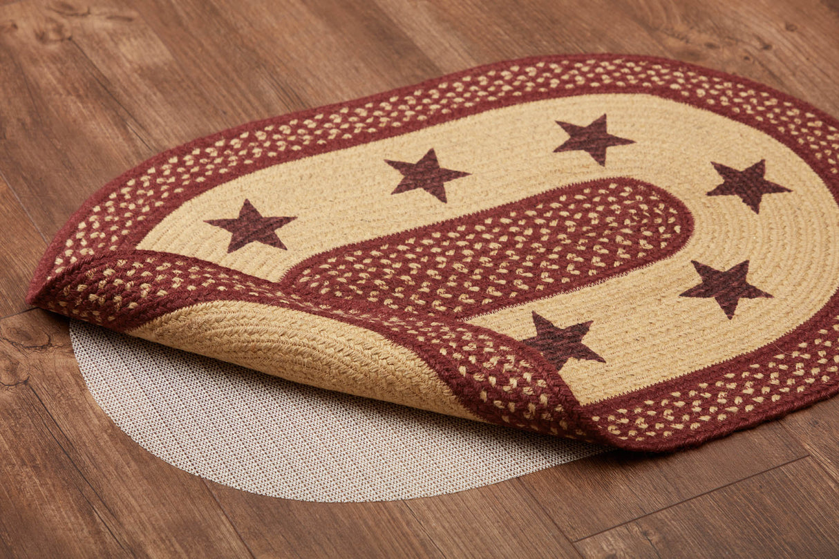 Burgundy Red Primitive Jute Rug Oval Stencil Stars w/ Pad 20x30