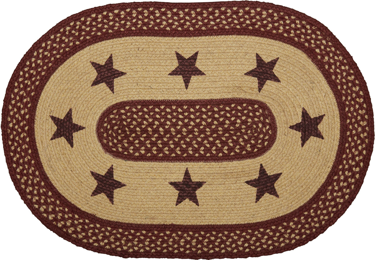 Burgundy Red Primitive Jute Rug Oval Stencil Stars w/ Pad 20x30