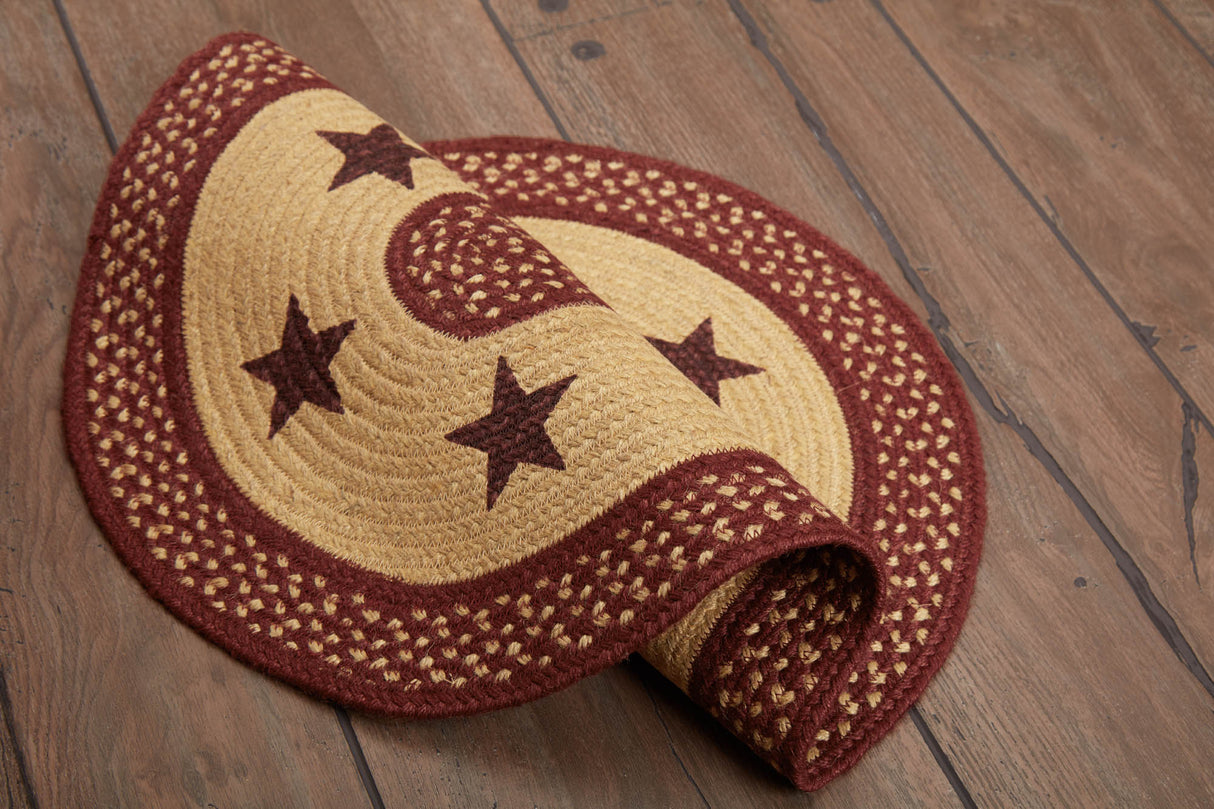 Burgundy Red Primitive Jute Rug Oval Stencil Stars w/ Pad 20x30