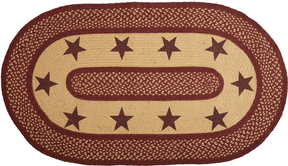 Burgundy Red Primitive Jute Rug Oval Stencil Stars w/ Pad 27x48