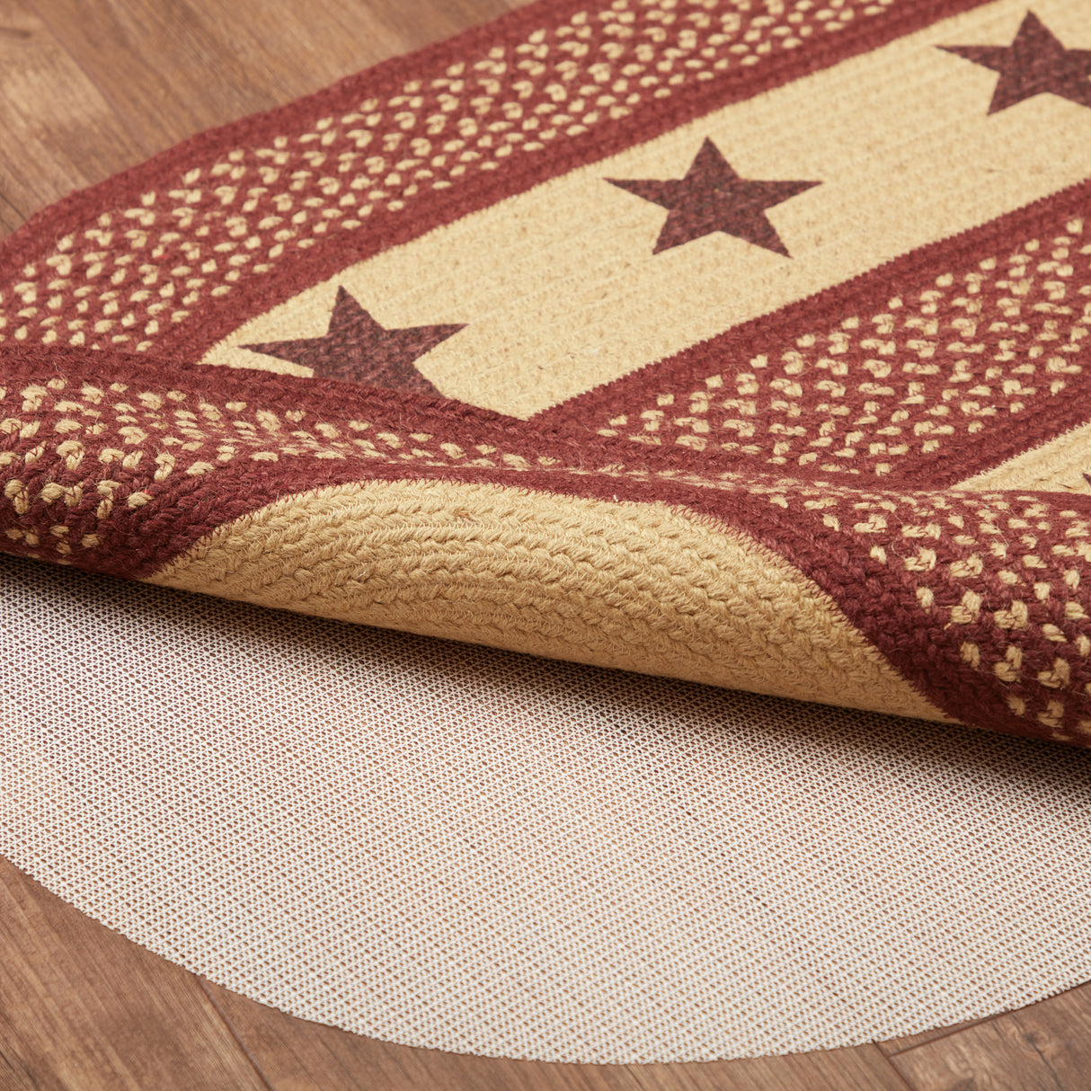 Burgundy Red Primitive Jute Rug Oval Stencil Stars w/ Pad 27x48